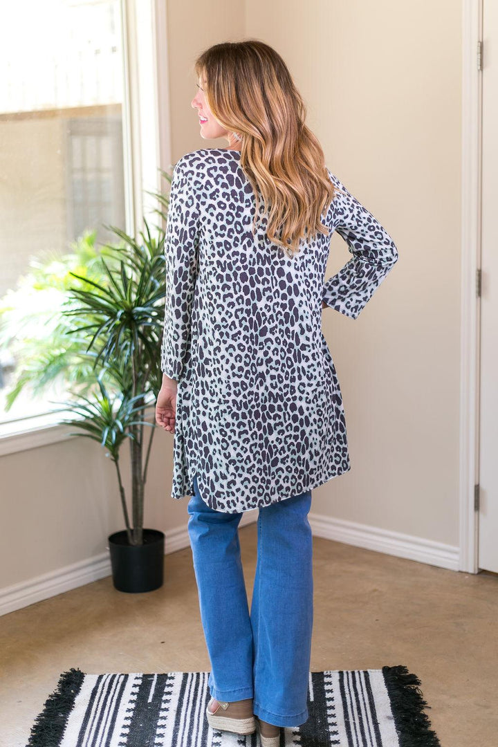 All Eyes On You Leopard Cardigan in Mint and Grey - Giddy Up Glamour Boutique