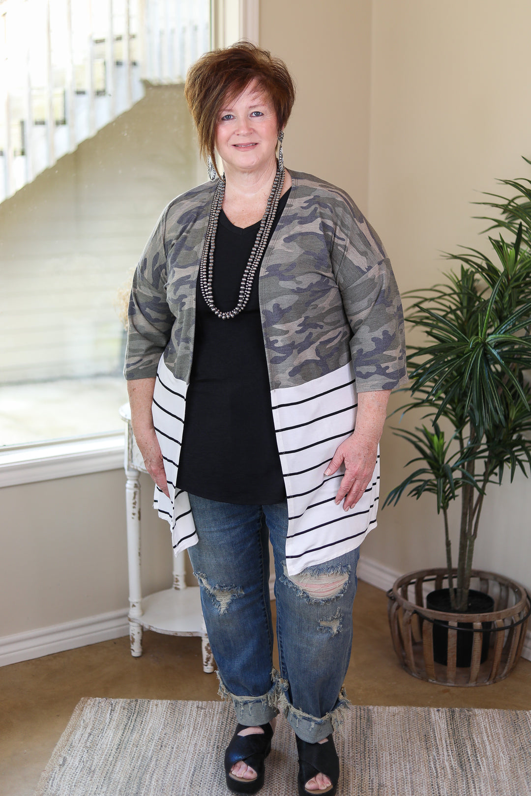 In a Major Way Camouflage and Stripe Short Sleeve Cover Up in Ivory - Giddy Up Glamour Boutique