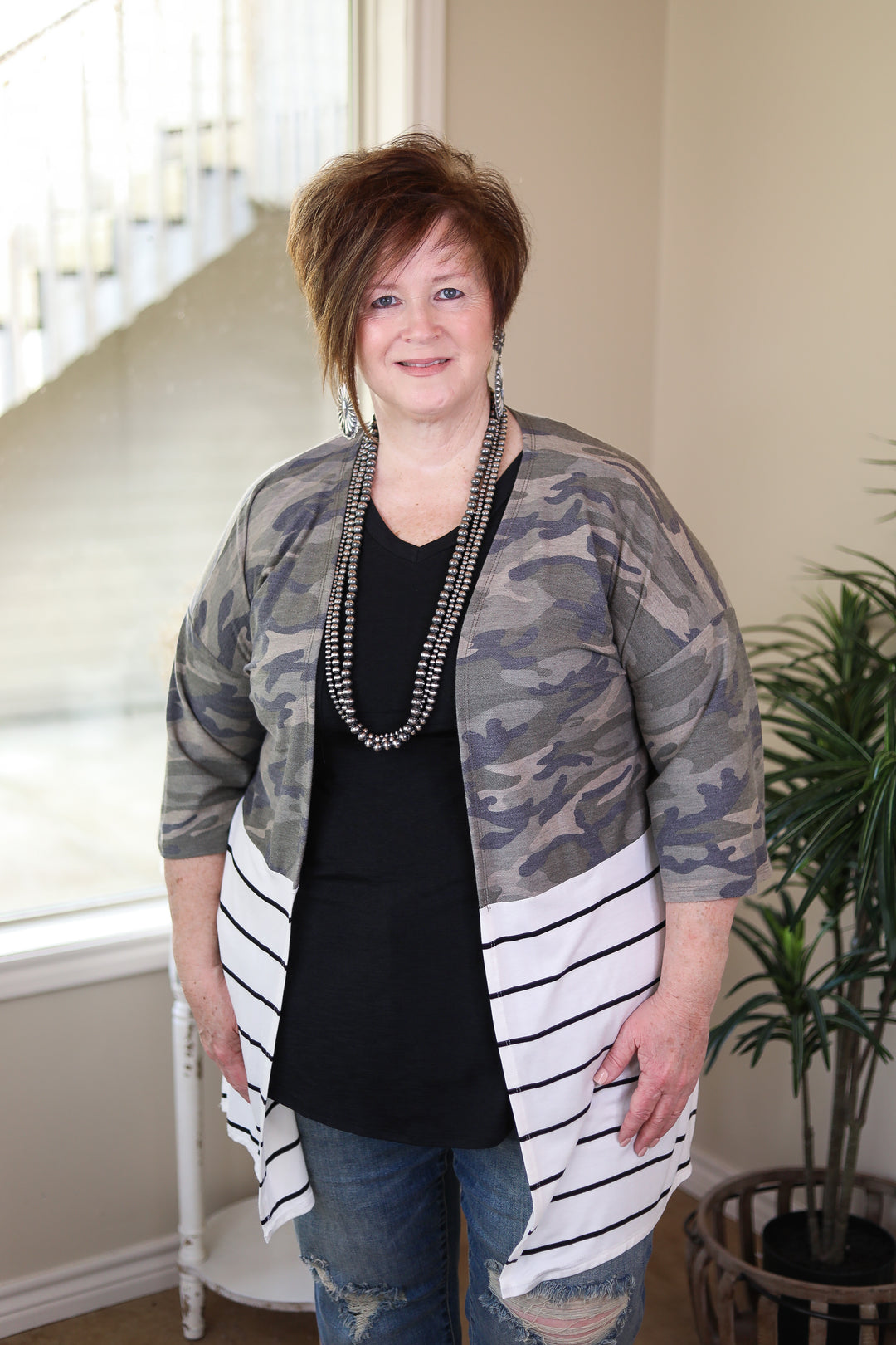 In a Major Way Camouflage and Stripe Short Sleeve Cover Up in Ivory - Giddy Up Glamour Boutique