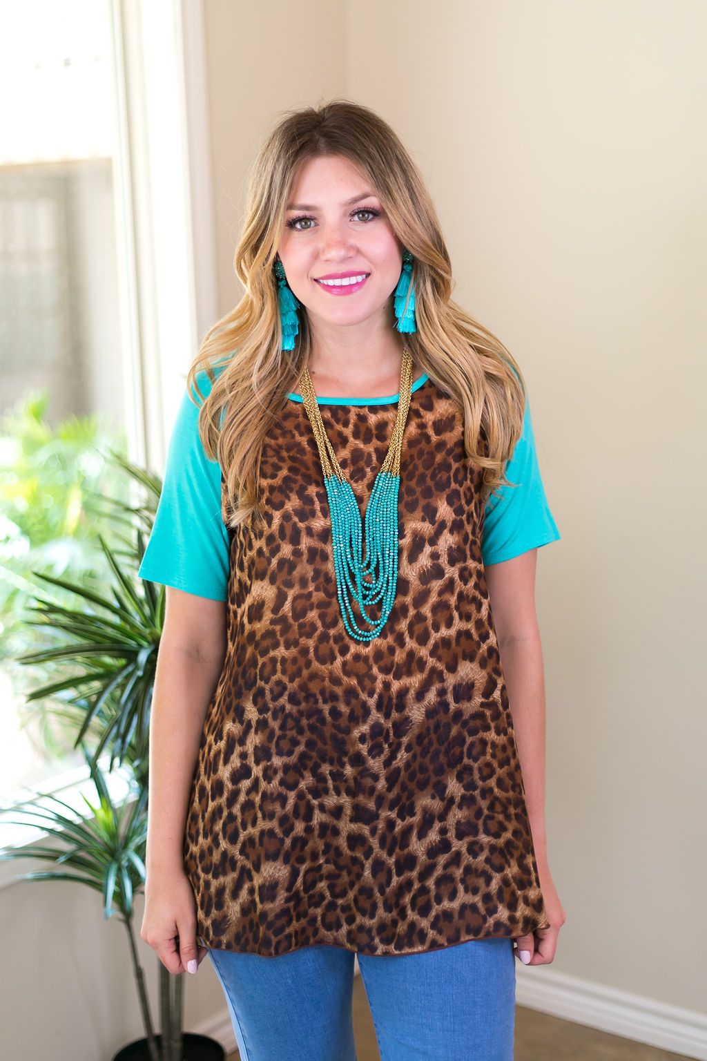Online Exclusive | Who Is She Sheer Leopard Top with Turquoise Sleeves