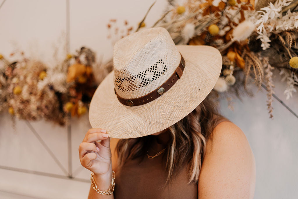 Charlie 1 Horse | Hair Trigger Straw Stiff Brim Hat with Brown Band and Conchos - Giddy Up Glamour Boutique