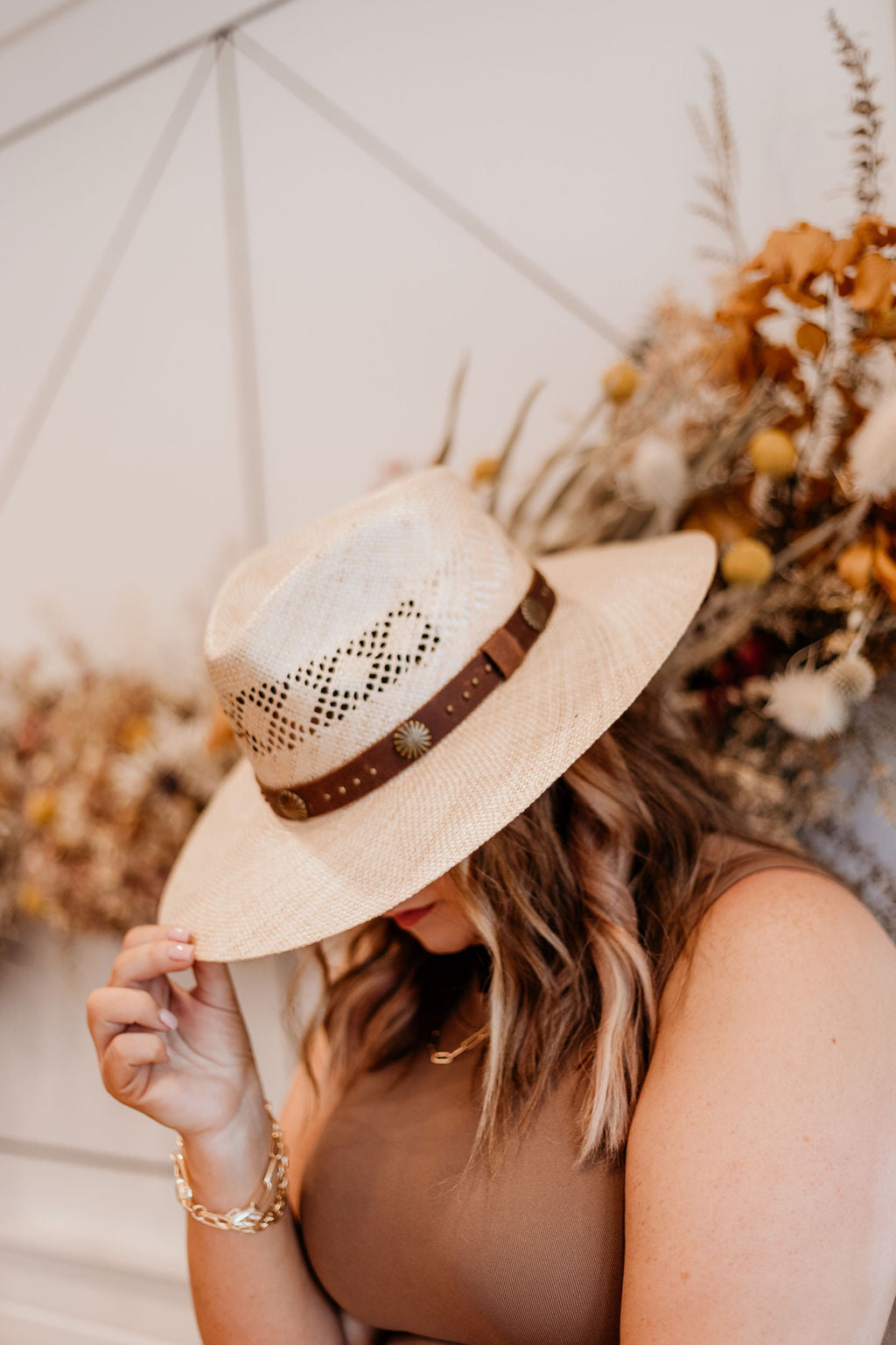 Charlie 1 Horse | Hair Trigger Straw Stiff Brim Hat with Brown Band and Conchos - Giddy Up Glamour Boutique