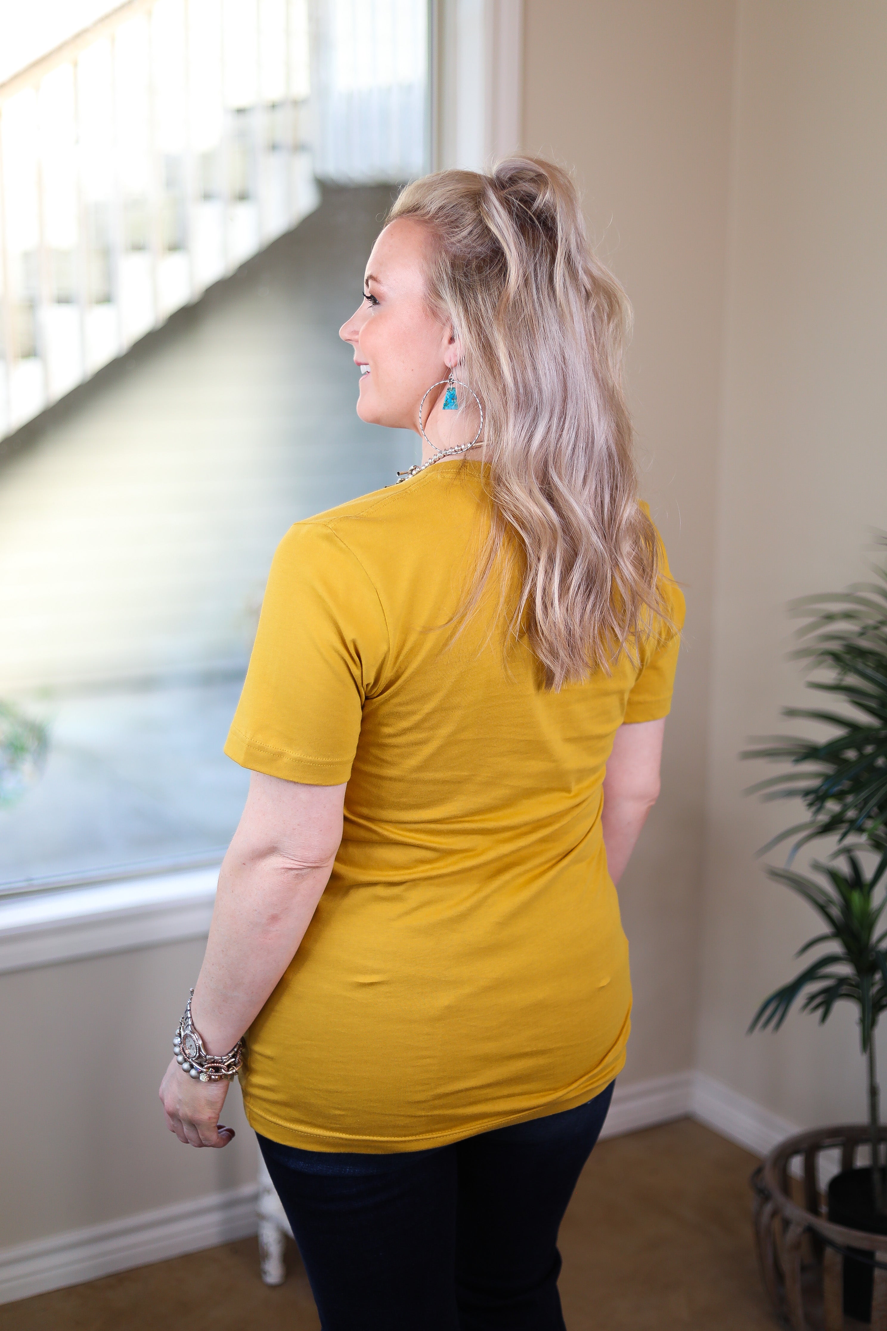 Last Chance Size 2XL | Free Spirit Vintage Western Short Sleeve Tee Shirt in Mustard Yellow - Giddy Up Glamour Boutique