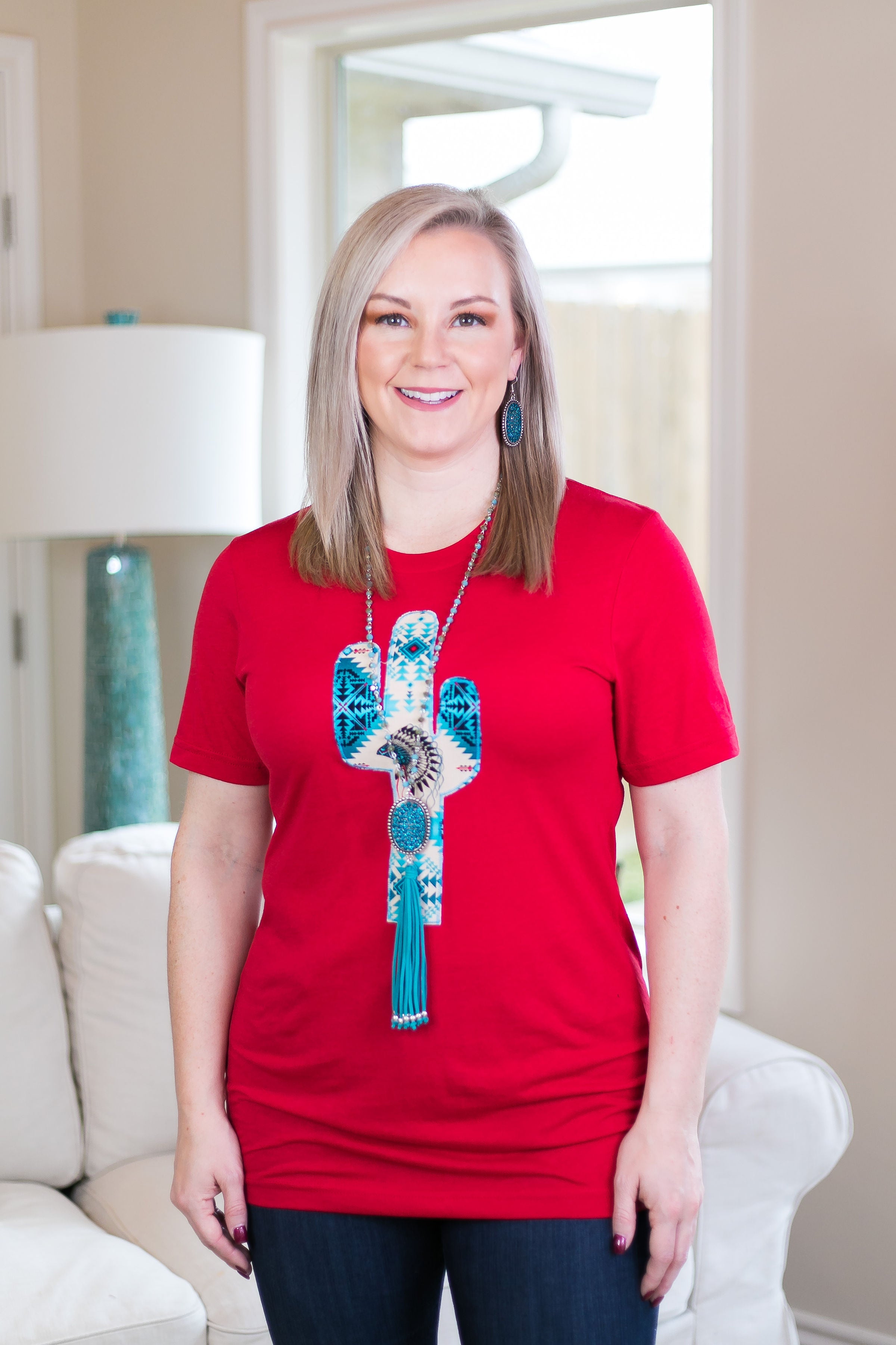 The Wild West Tribal Cactus Tee Shirt in Red - Giddy Up Glamour Boutique