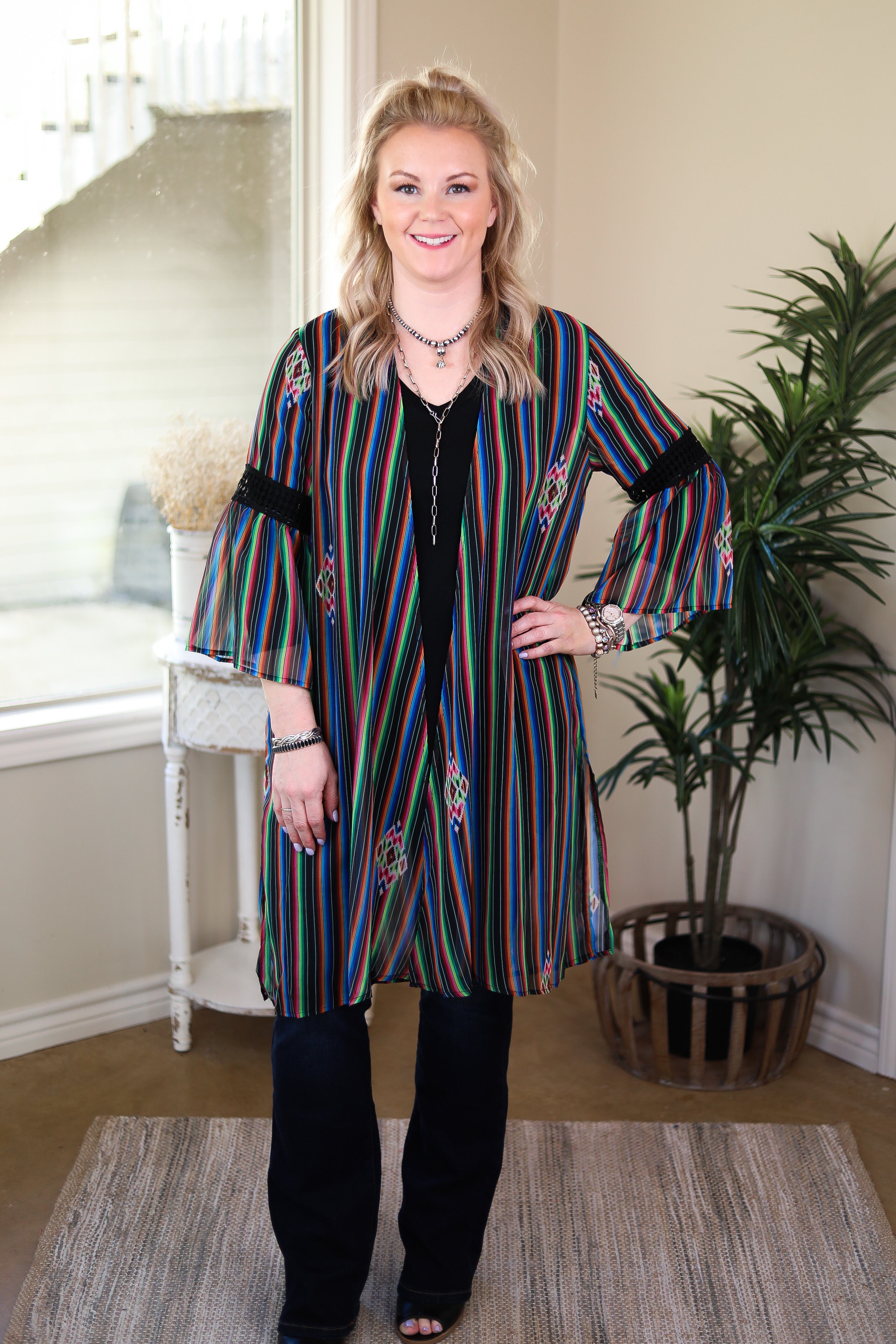 Last Chance Size S/M | Command Attention Striped Kimono with Crochet Detailing in Black - Giddy Up Glamour Boutique