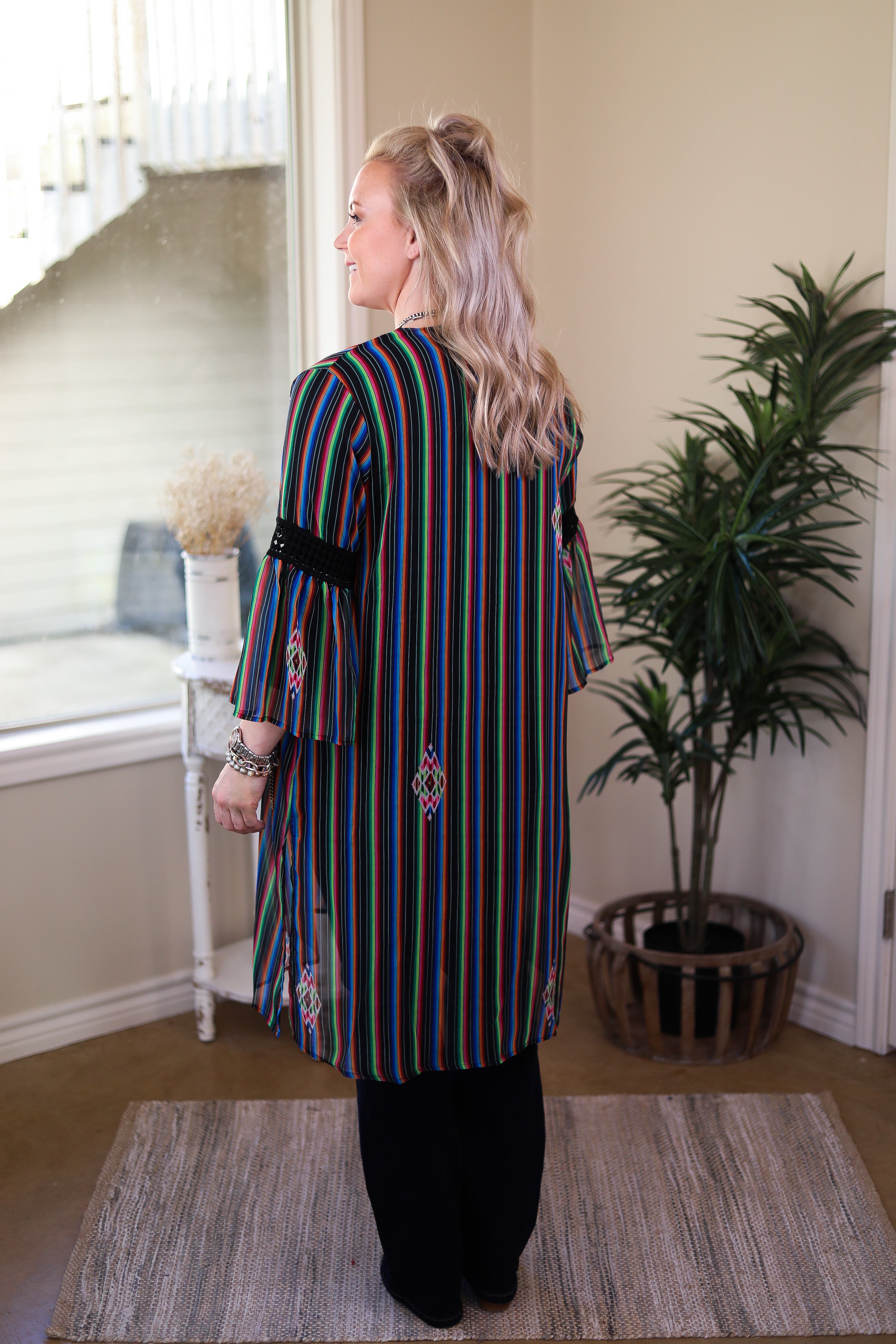 Last Chance Size S/M | Command Attention Striped Kimono with Crochet Detailing in Black - Giddy Up Glamour Boutique