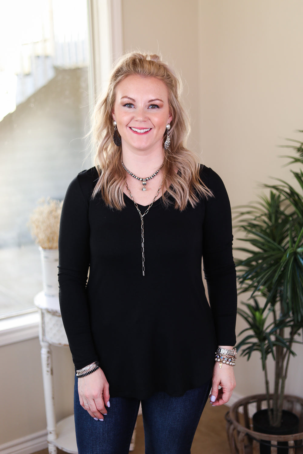 Last Chance Size Small | Simply The Best V Neck Long Sleeve Tee in Black - Giddy Up Glamour Boutique