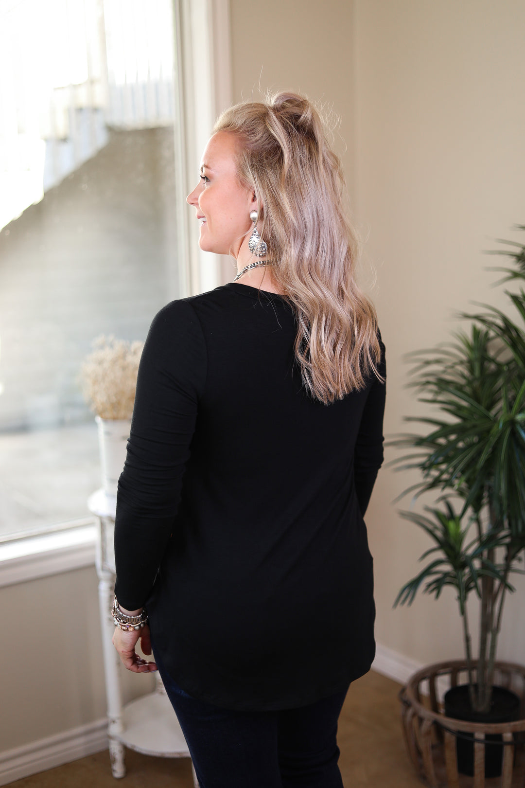 Last Chance Size Small | Simply The Best V Neck Long Sleeve Tee in Black - Giddy Up Glamour Boutique