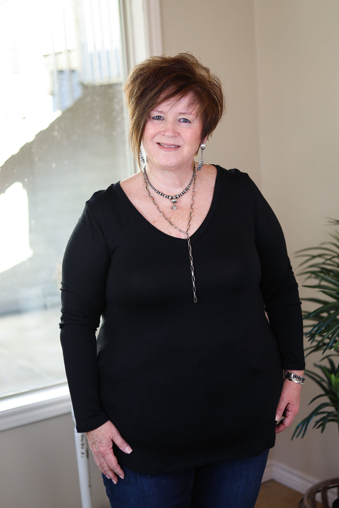 Last Chance Size Small | Simply The Best V Neck Long Sleeve Tee in Black - Giddy Up Glamour Boutique