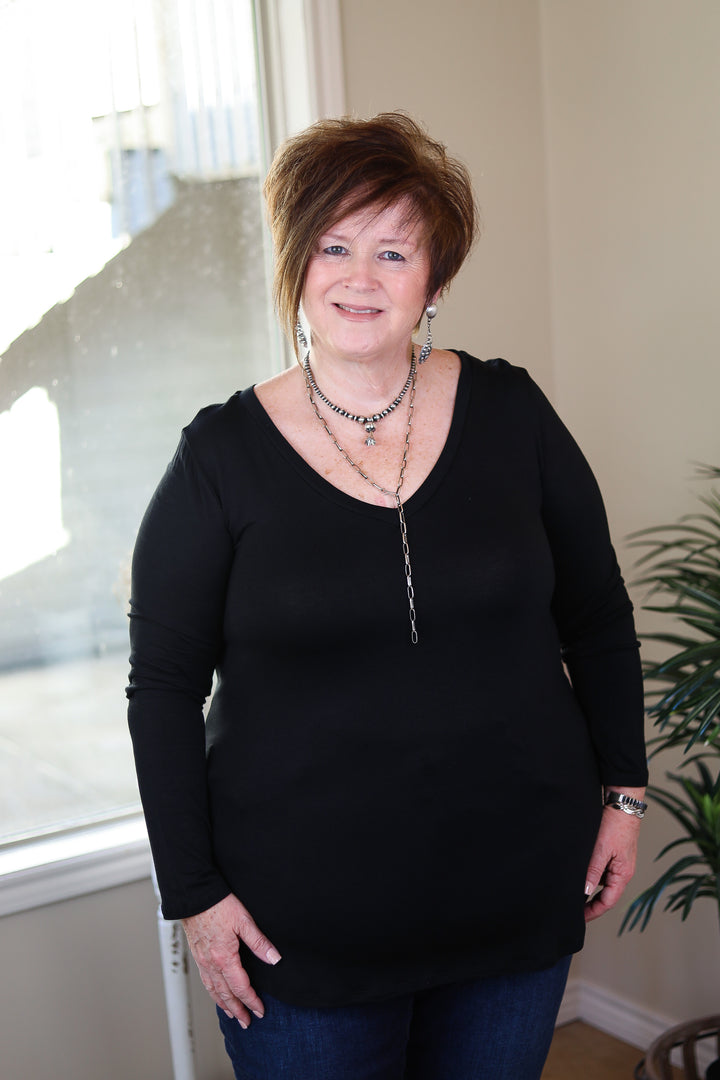 Last Chance Size Small | Simply The Best V Neck Long Sleeve Tee in Black - Giddy Up Glamour Boutique