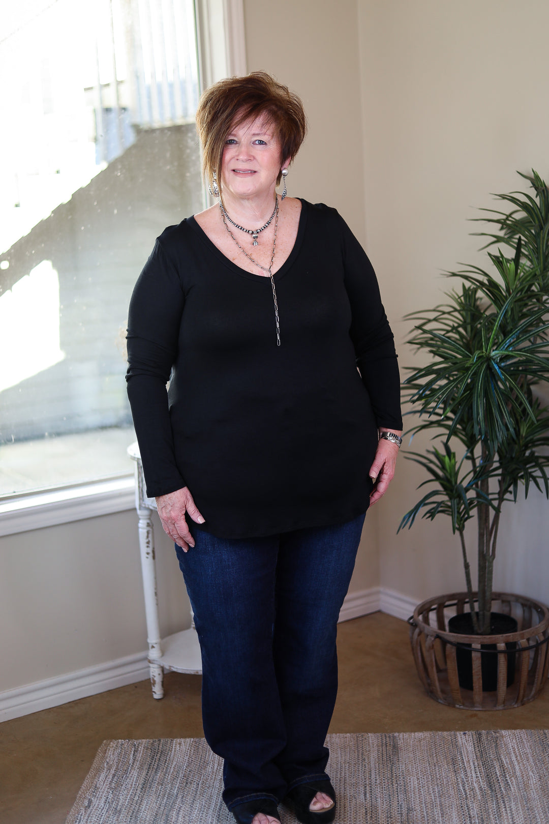 Last Chance Size Small | Simply The Best V Neck Long Sleeve Tee in Black - Giddy Up Glamour Boutique