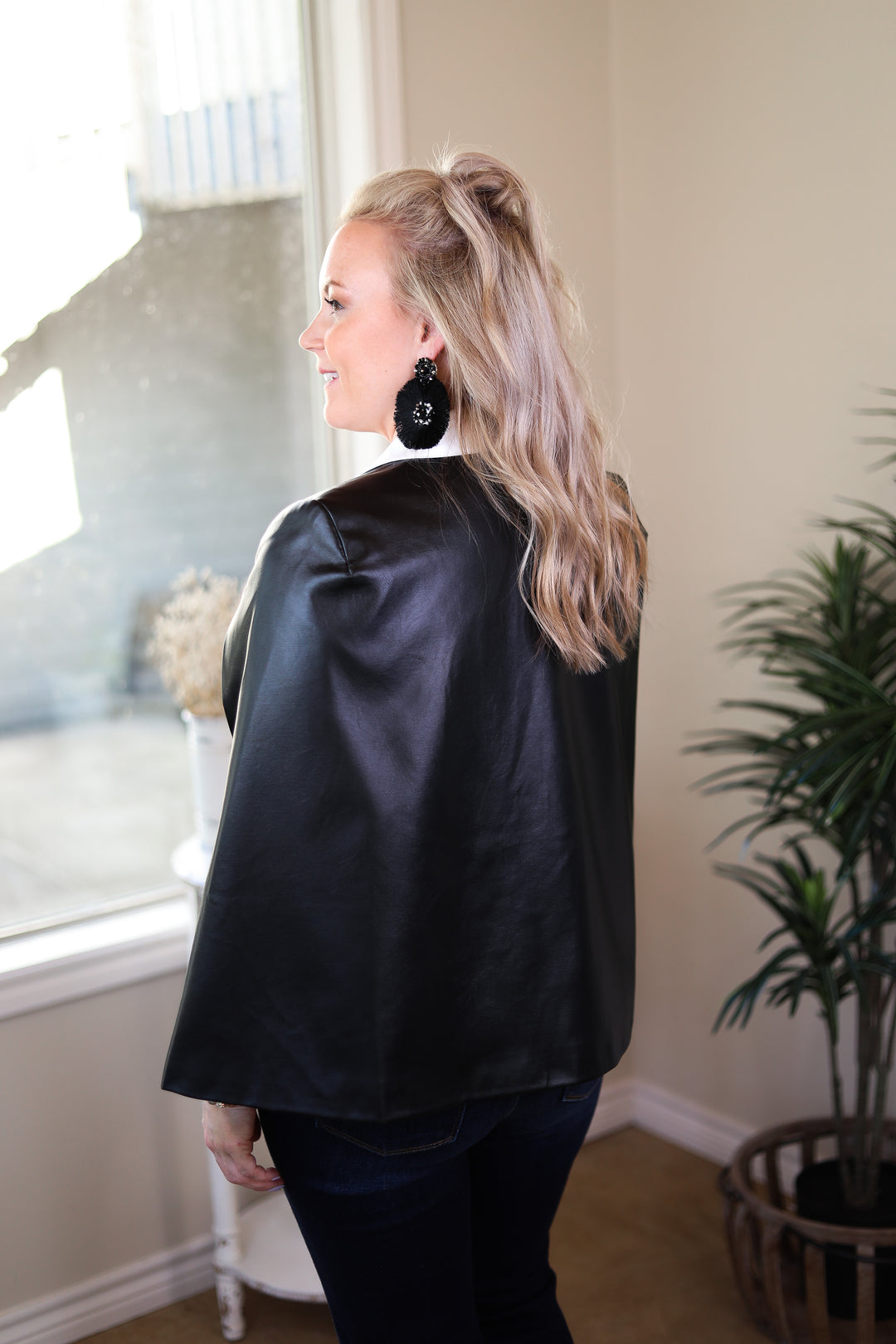 Serious Business Faux Leather Cape Blazer in Black