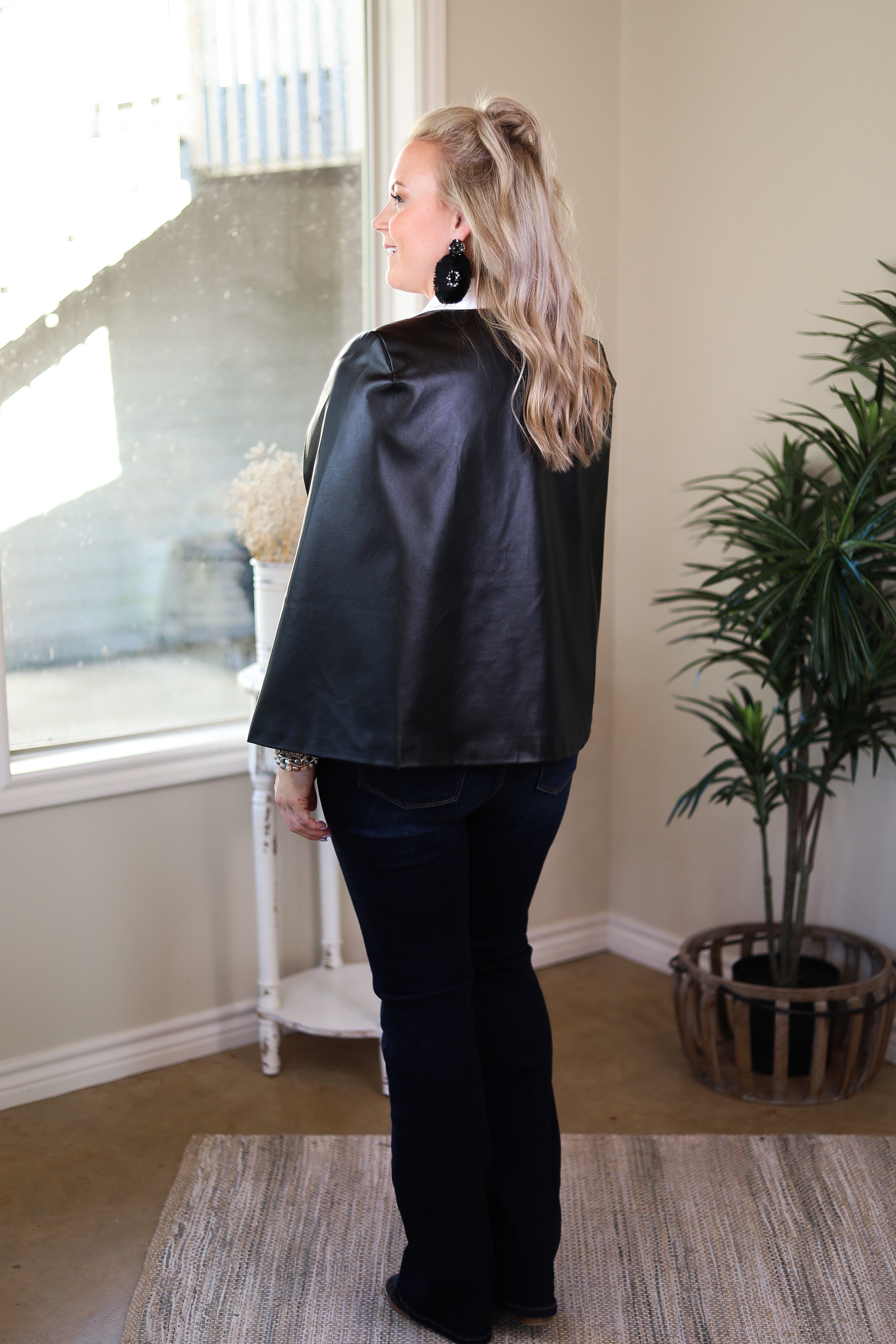 Serious Business Faux Leather Cape Blazer in Black - Giddy Up Glamour Boutique