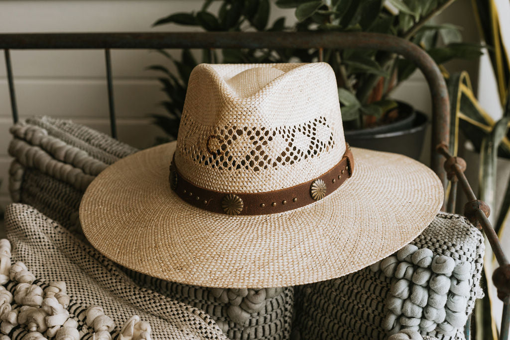 Charlie 1 Horse | Hair Trigger Straw Stiff Brim Hat with Brown Band and Conchos - Giddy Up Glamour Boutique