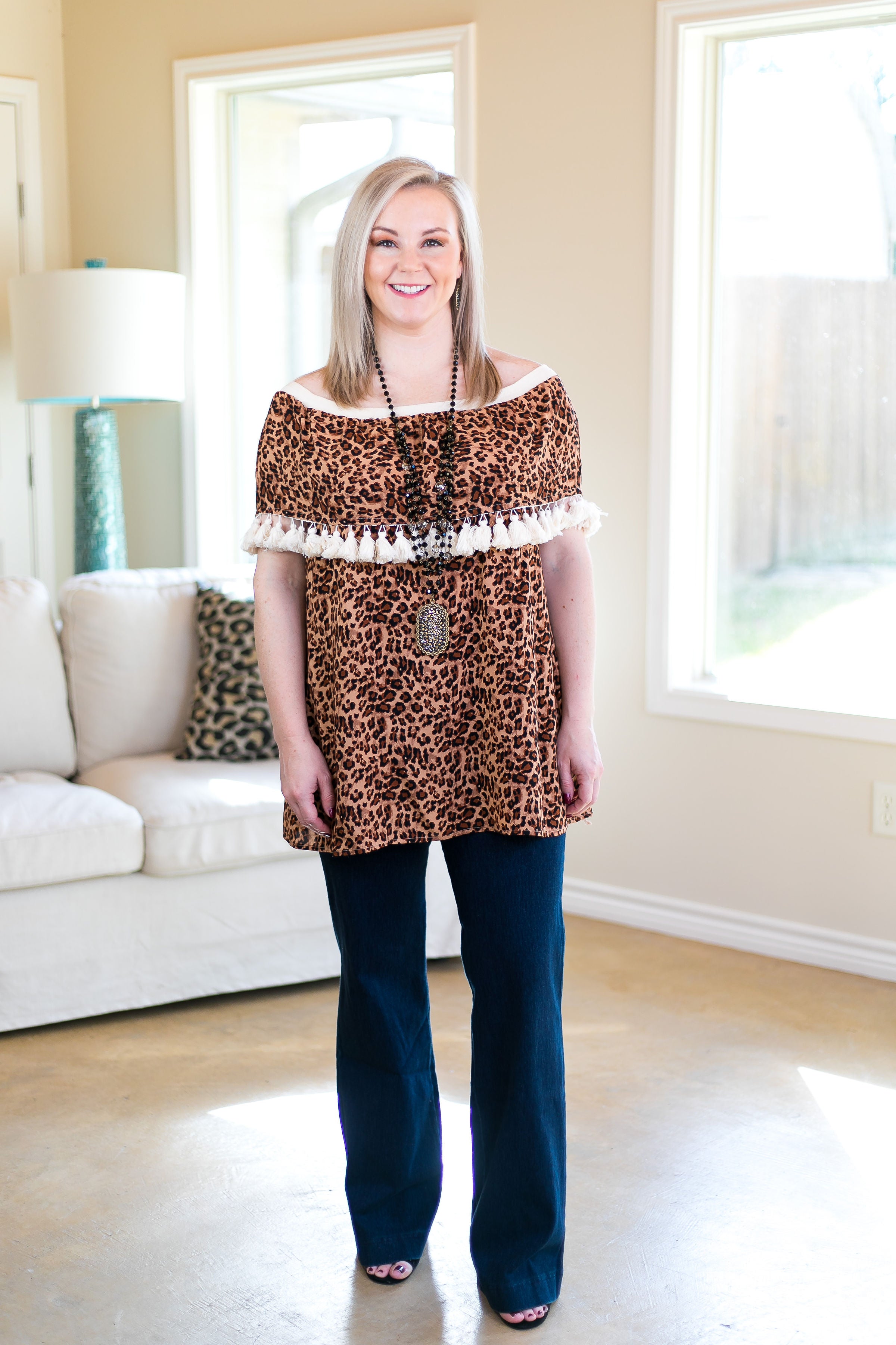 You Get What You Get Off Shoulder Tunic with Tassels in Leopard