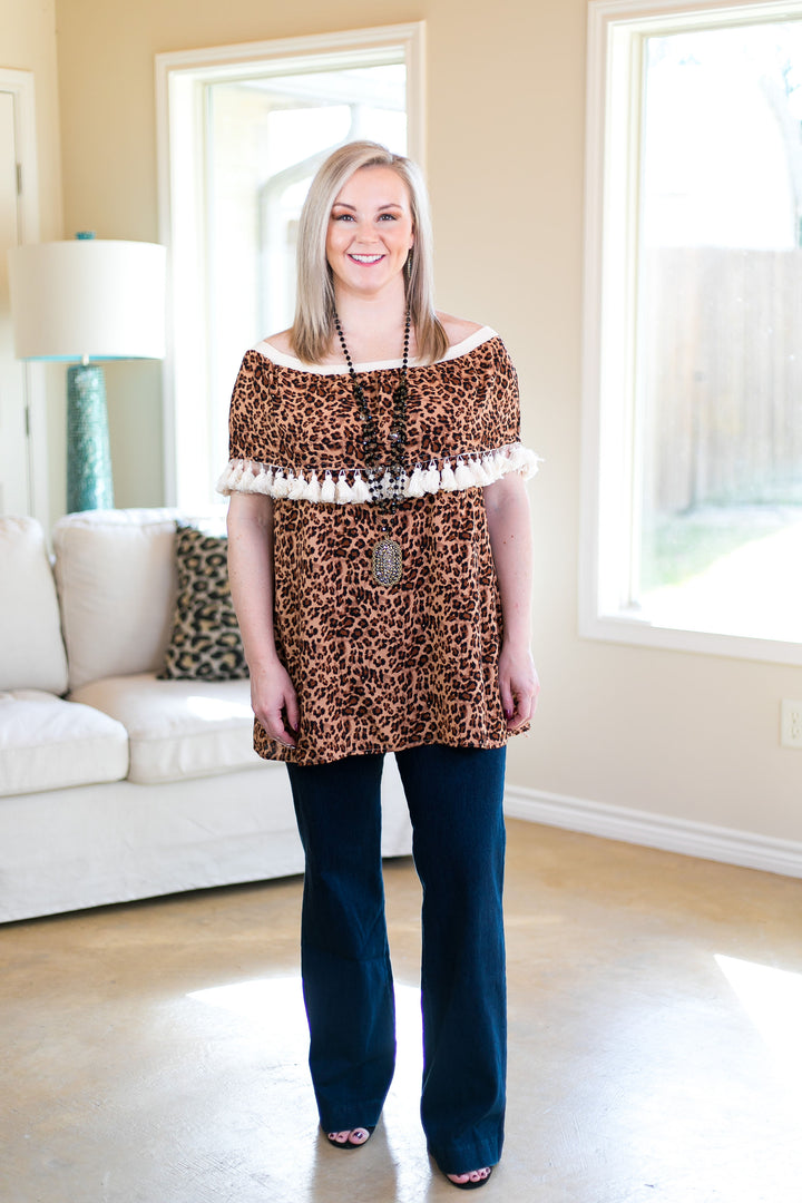You Get What You Get Off Shoulder Tunic with Tassels in Leopard - Giddy Up Glamour Boutique