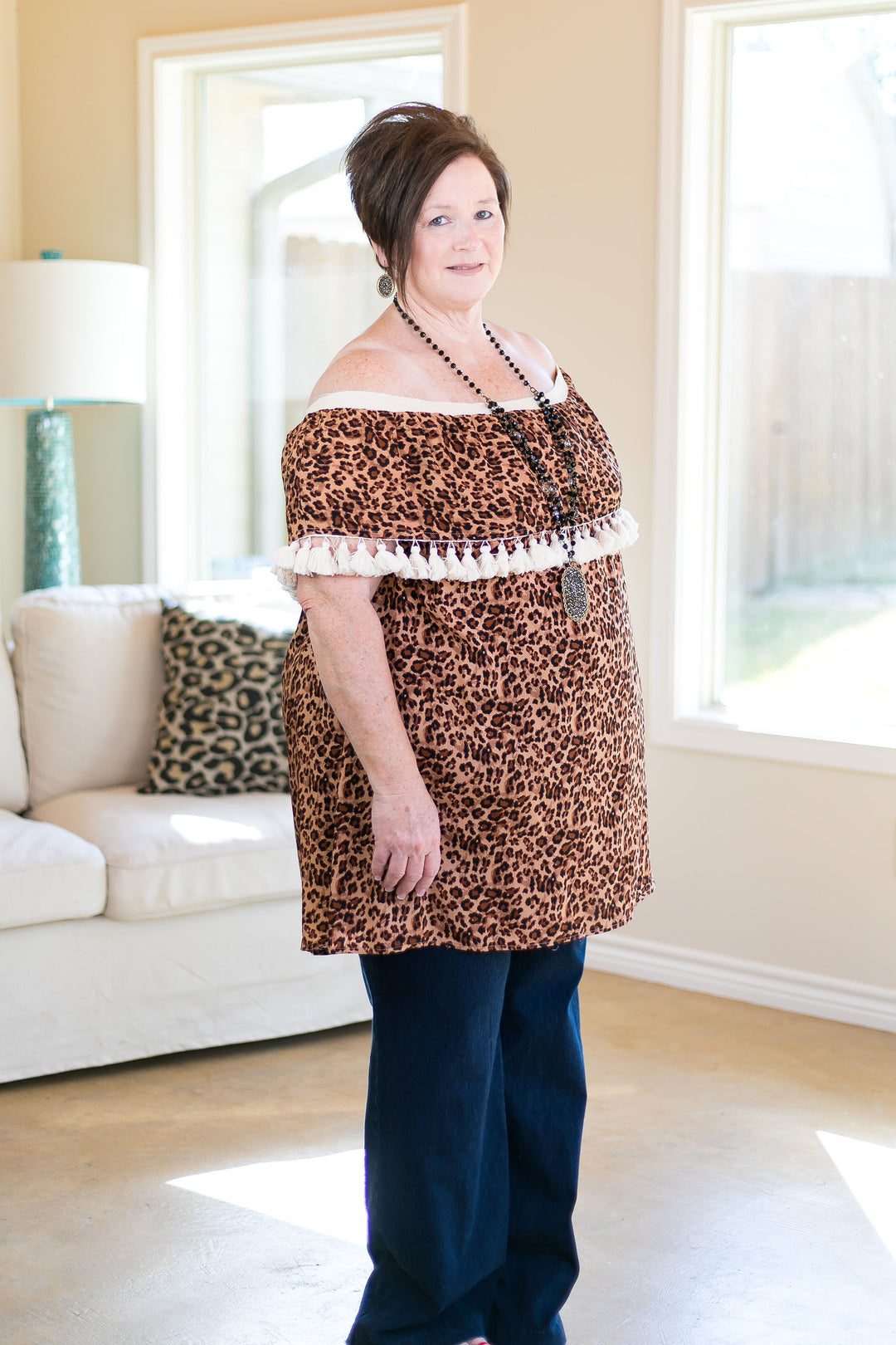 You Get What You Get Off Shoulder Tunic with Tassels in Leopard - Giddy Up Glamour Boutique