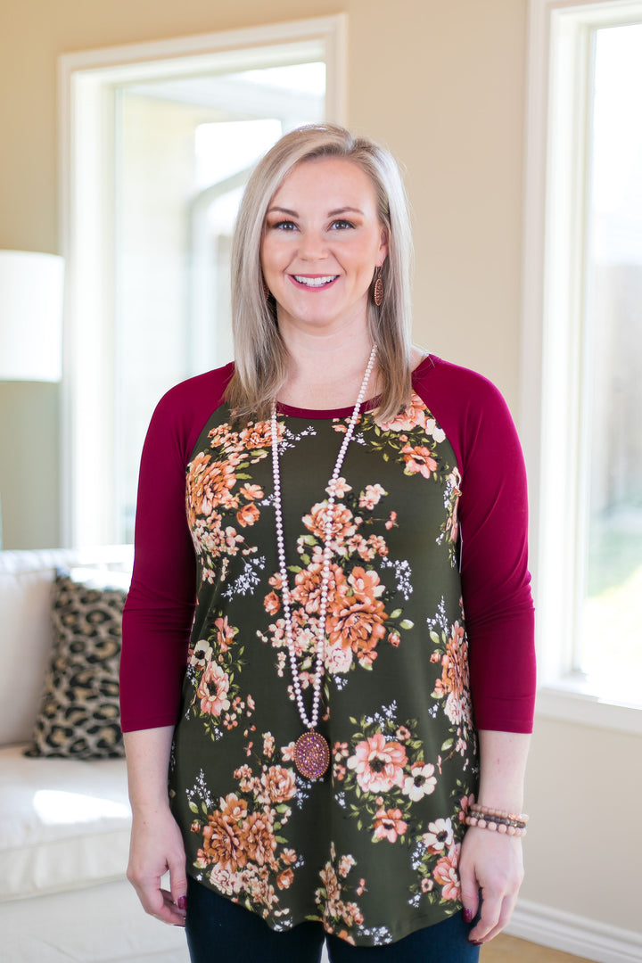 Last Chance Size Small | With Everything To Do Floral Raglan Top with 3/4 Sleeves in Olive Green - Giddy Up Glamour Boutique