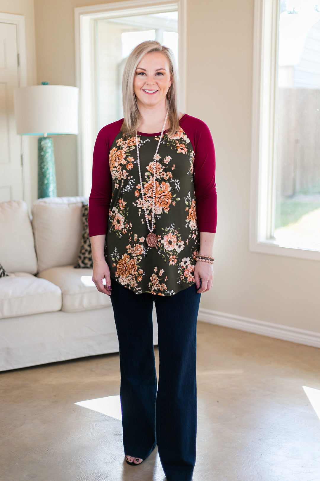 Last Chance Size Small | With Everything To Do Floral Raglan Top with 3/4 Sleeves in Olive Green - Giddy Up Glamour Boutique