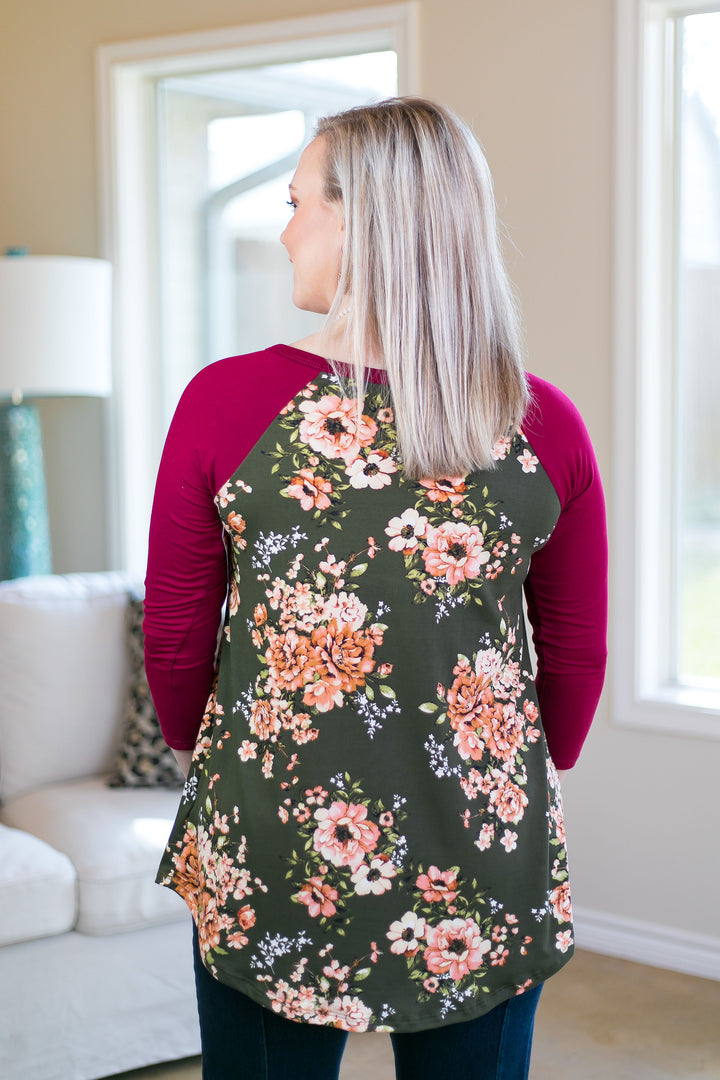 Last Chance Size Small | With Everything To Do Floral Raglan Top with 3/4 Sleeves in Olive Green - Giddy Up Glamour Boutique