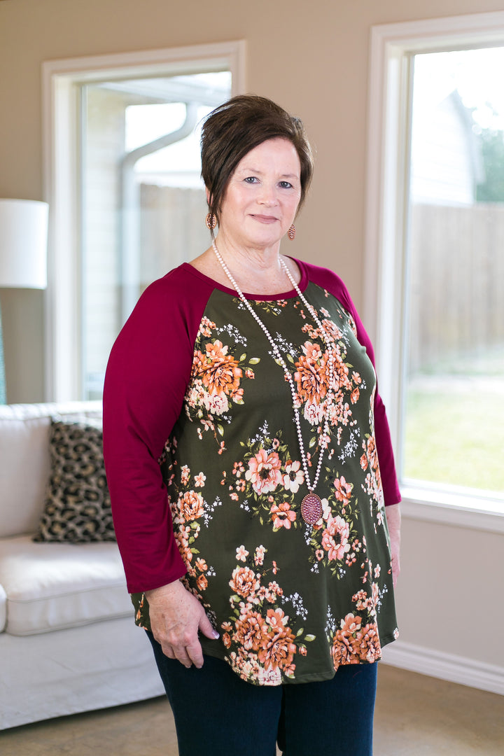 Last Chance Size Small | With Everything To Do Floral Raglan Top with 3/4 Sleeves in Olive Green - Giddy Up Glamour Boutique