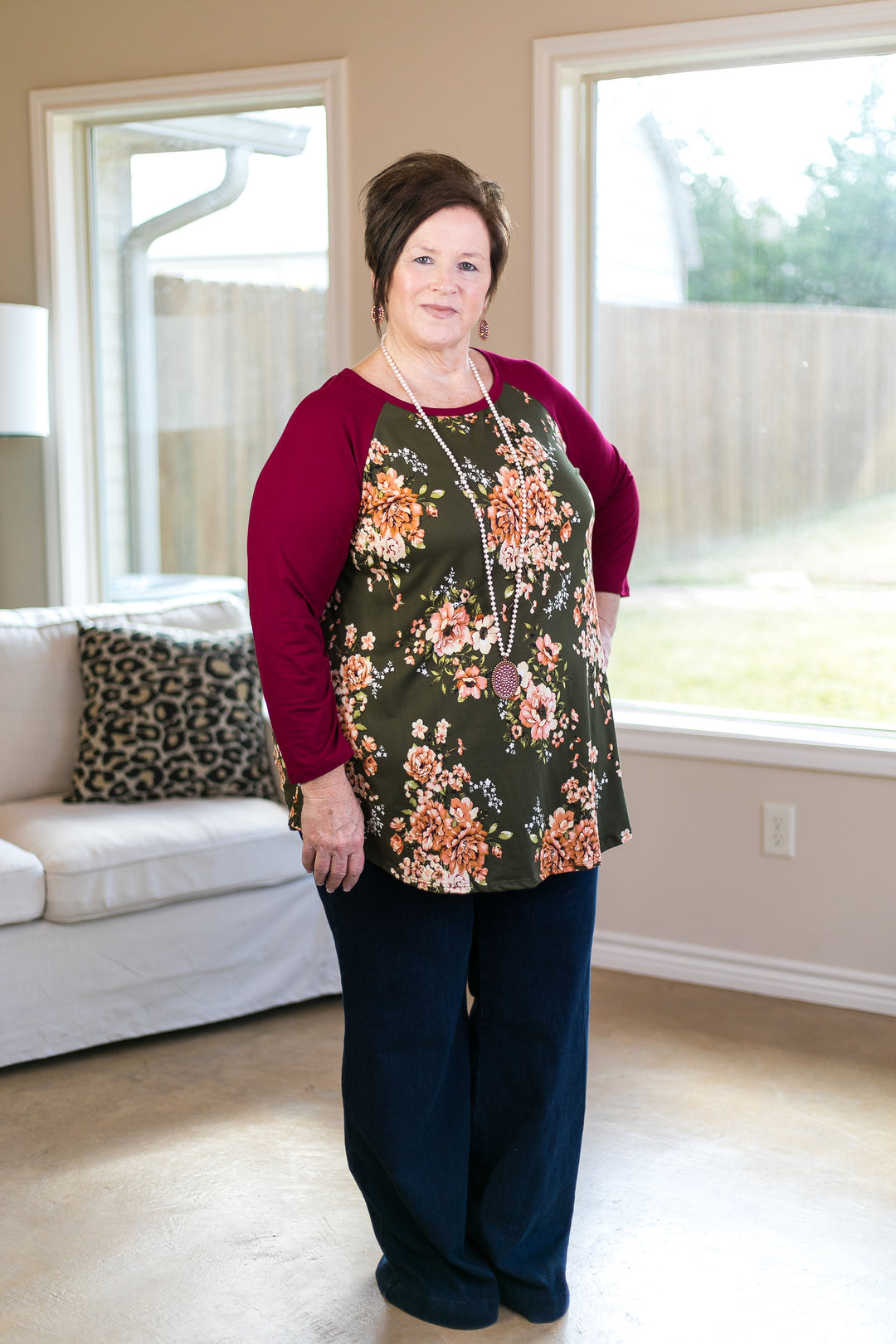 Last Chance Size Small | With Everything To Do Floral Raglan Top with 3/4 Sleeves in Olive Green - Giddy Up Glamour Boutique