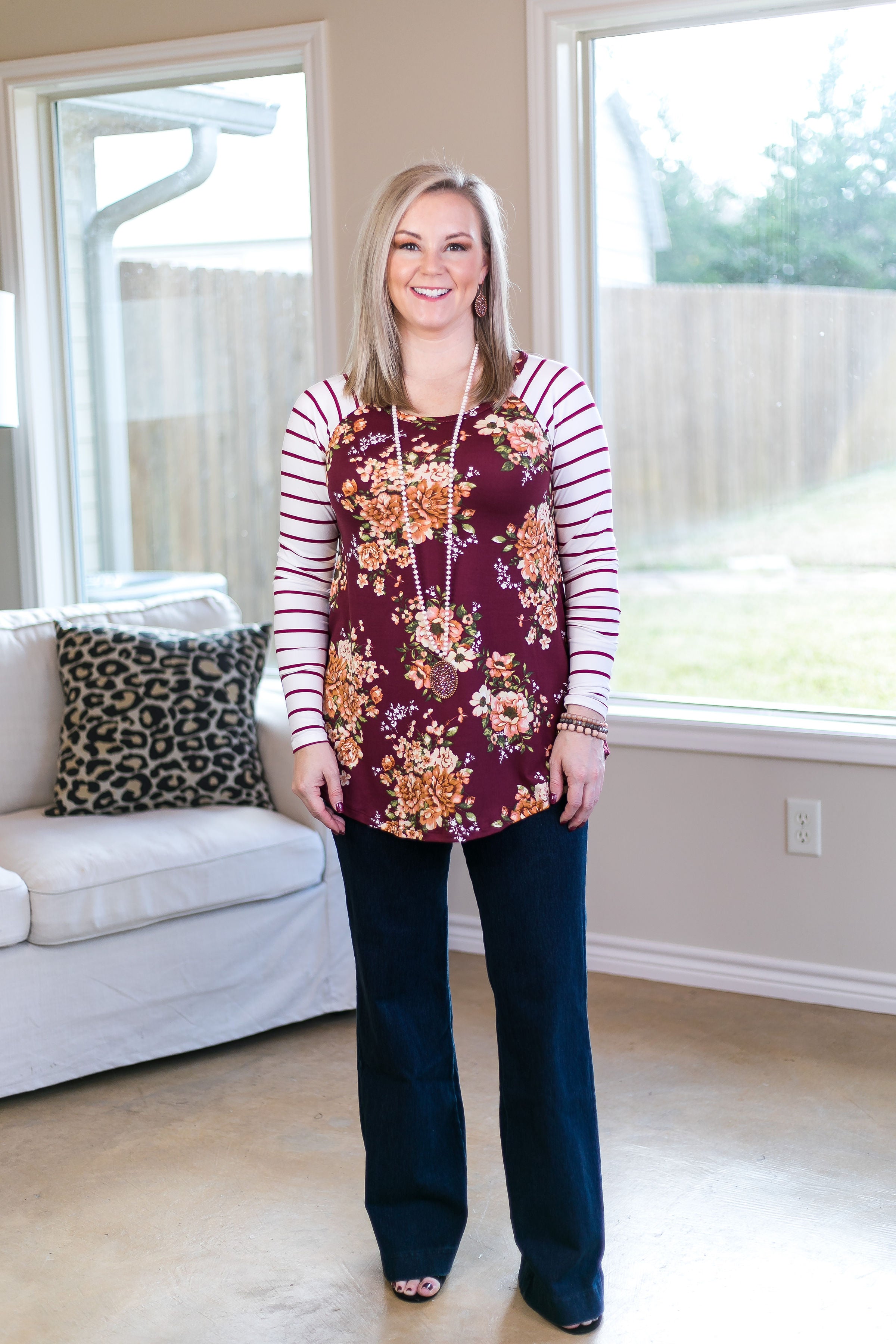 Last Chance Size S & M | Simple Favor Stripe and Floral Tunic Top in Maroon - Giddy Up Glamour Boutique