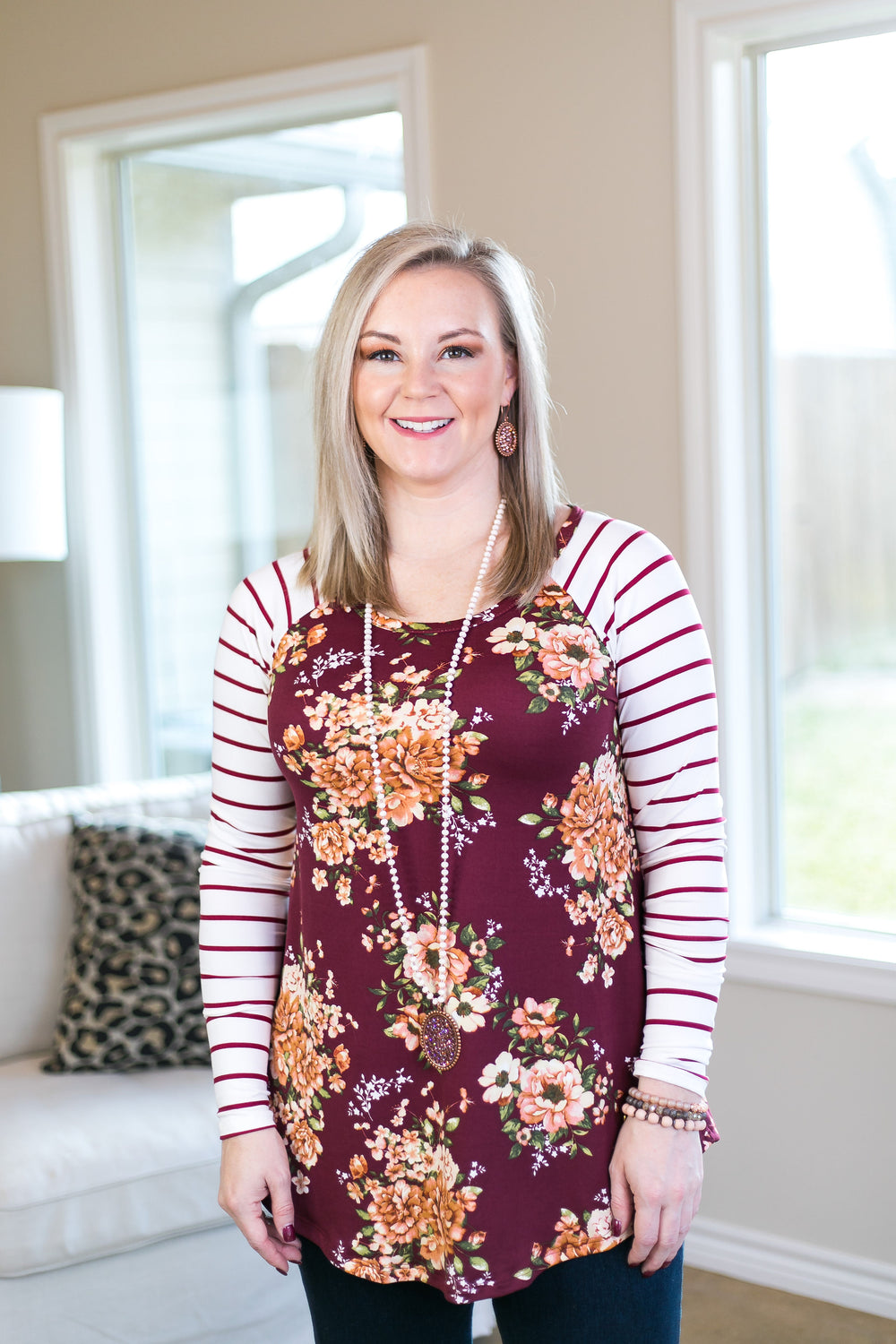 Last Chance Size S & M | Simple Favor Stripe and Floral Tunic Top in Maroon - Giddy Up Glamour Boutique