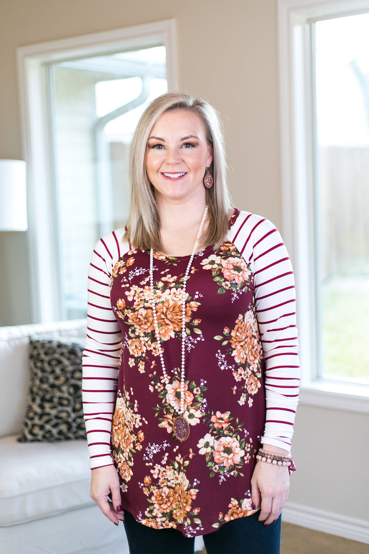 Last Chance Size S & M | Simple Favor Stripe and Floral Tunic Top in Maroon - Giddy Up Glamour Boutique