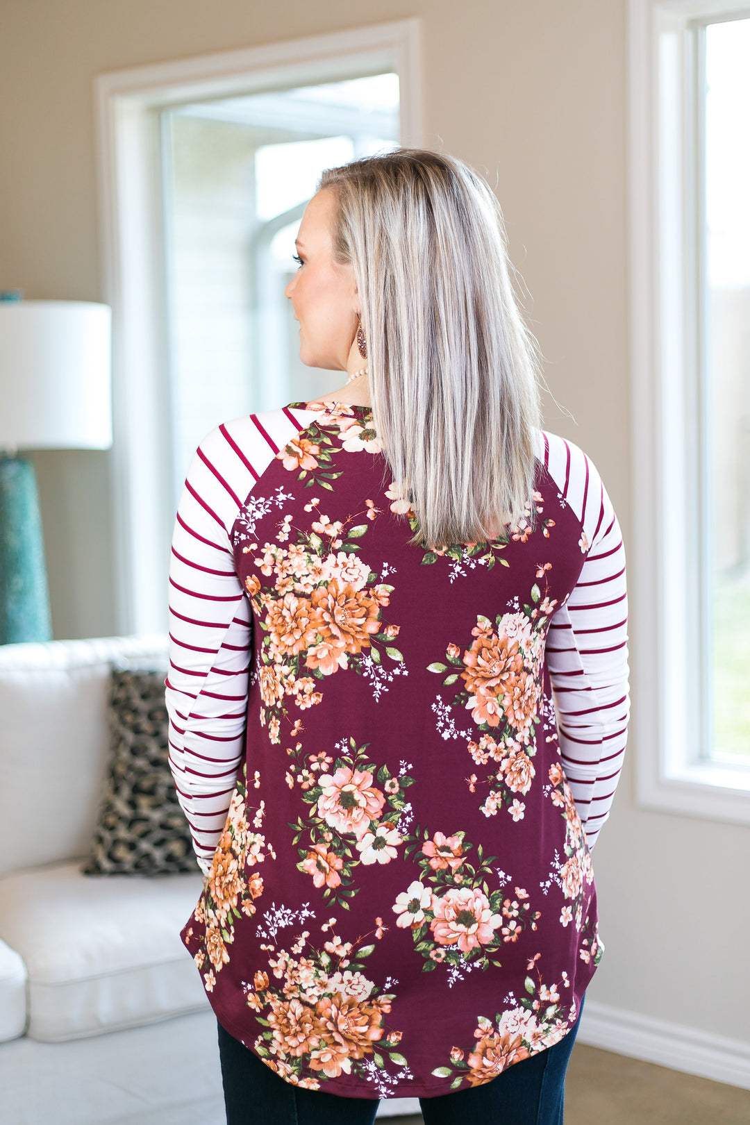 Last Chance Size S & M | Simple Favor Stripe and Floral Tunic Top in Maroon - Giddy Up Glamour Boutique