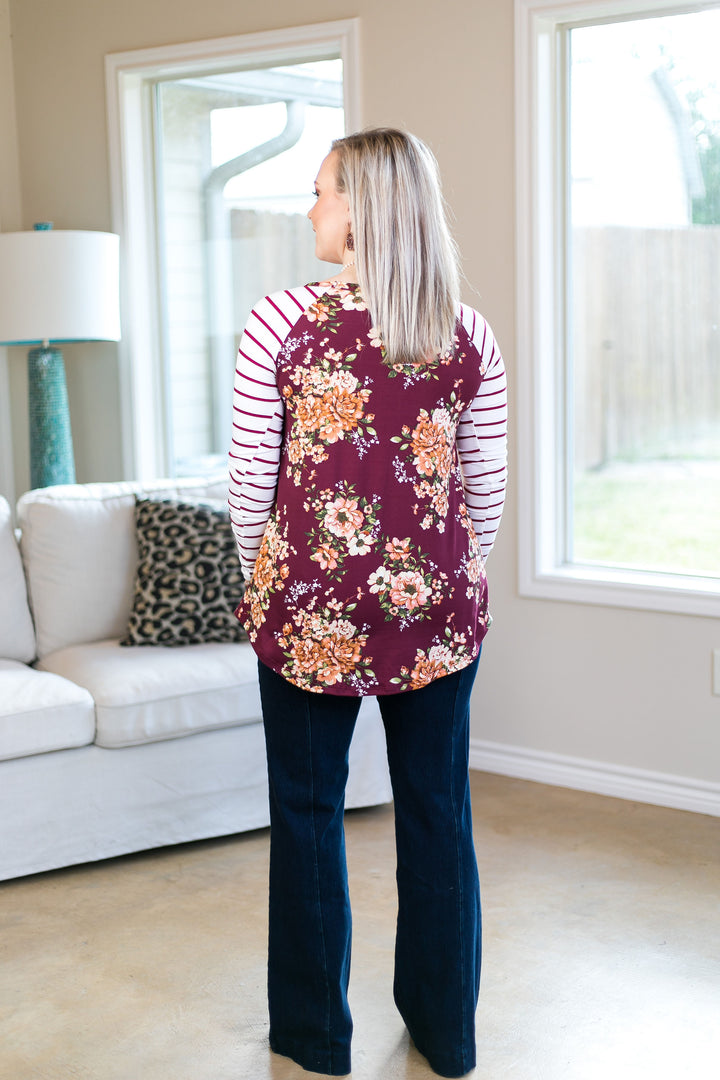 Last Chance Size S & M | Simple Favor Stripe and Floral Tunic Top in Maroon - Giddy Up Glamour Boutique