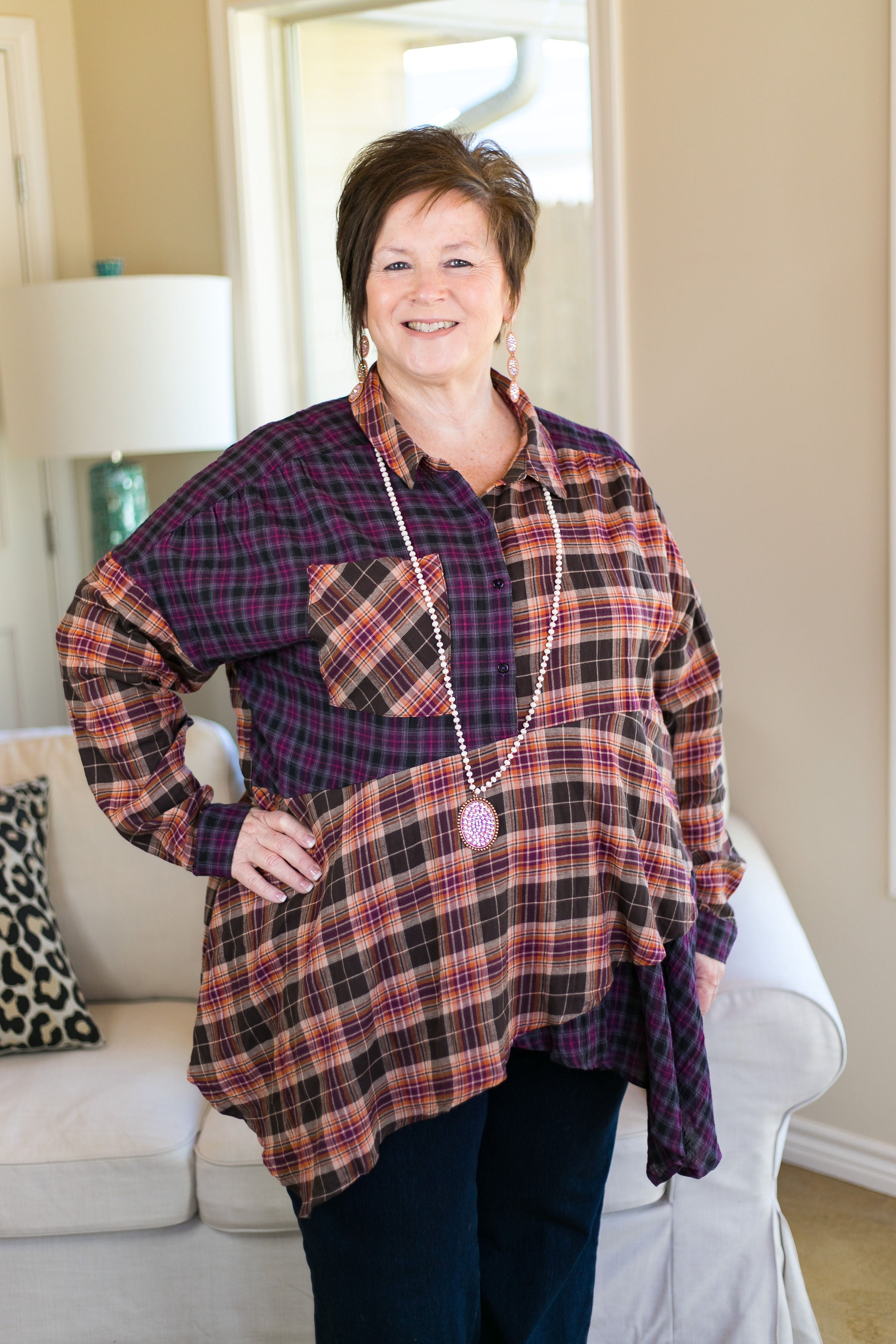 Watch The Reactions Mixed Plaid Top with Asymmetrical Hem in Plum - Giddy Up Glamour Boutique