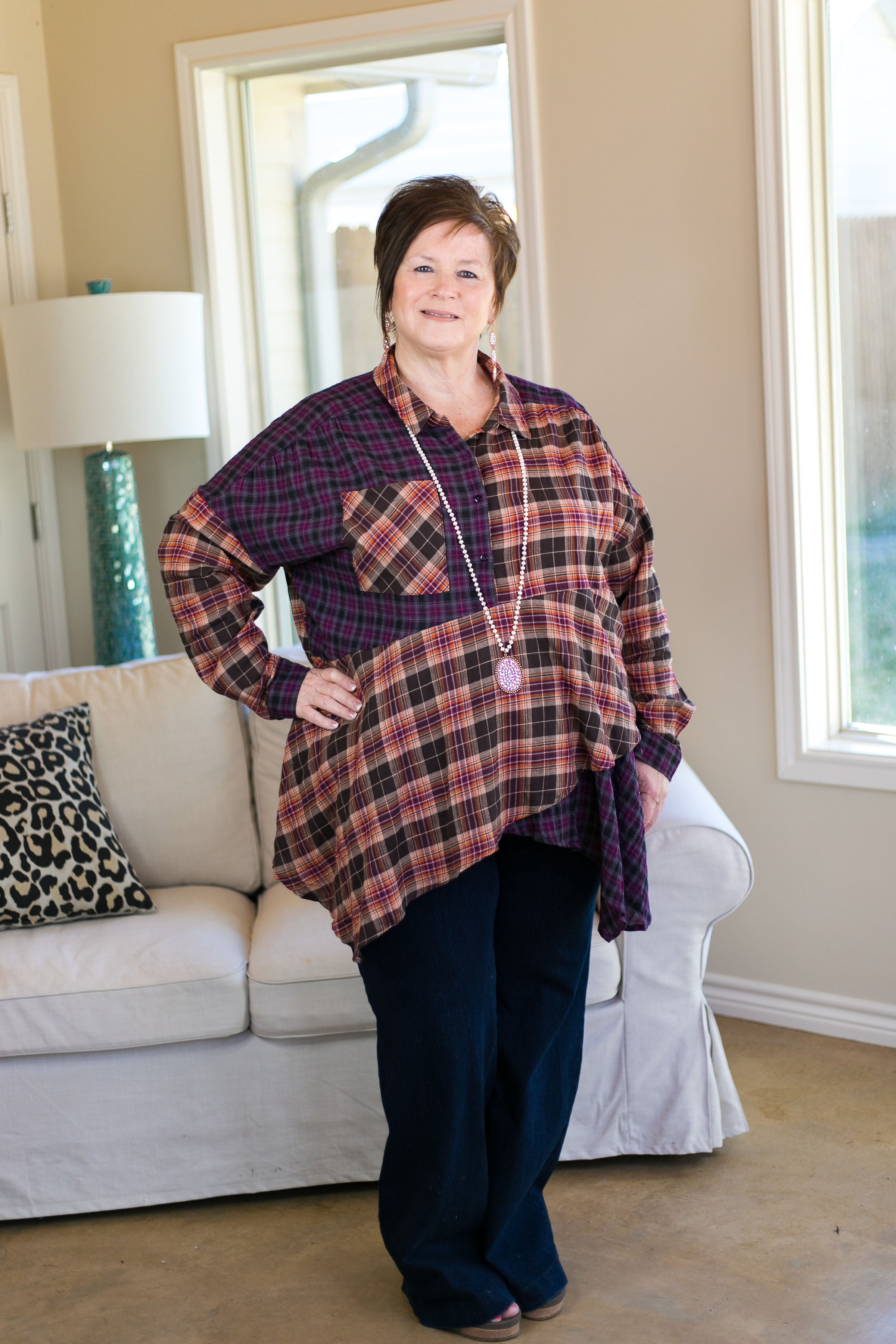 Watch The Reactions Mixed Plaid Top with Asymmetrical Hem in Plum - Giddy Up Glamour Boutique