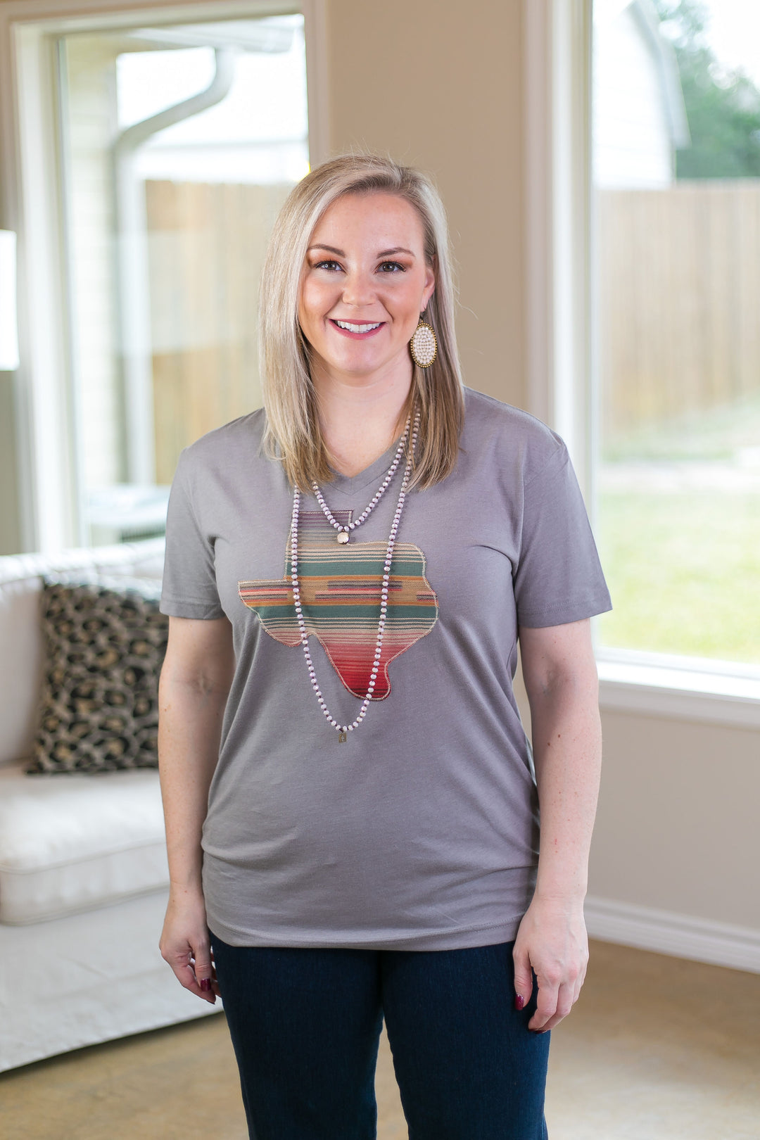 Last Chance Size S & 2XL | Blame It On Texas Serape V Neck Tee Shirt in Grey - Giddy Up Glamour Boutique