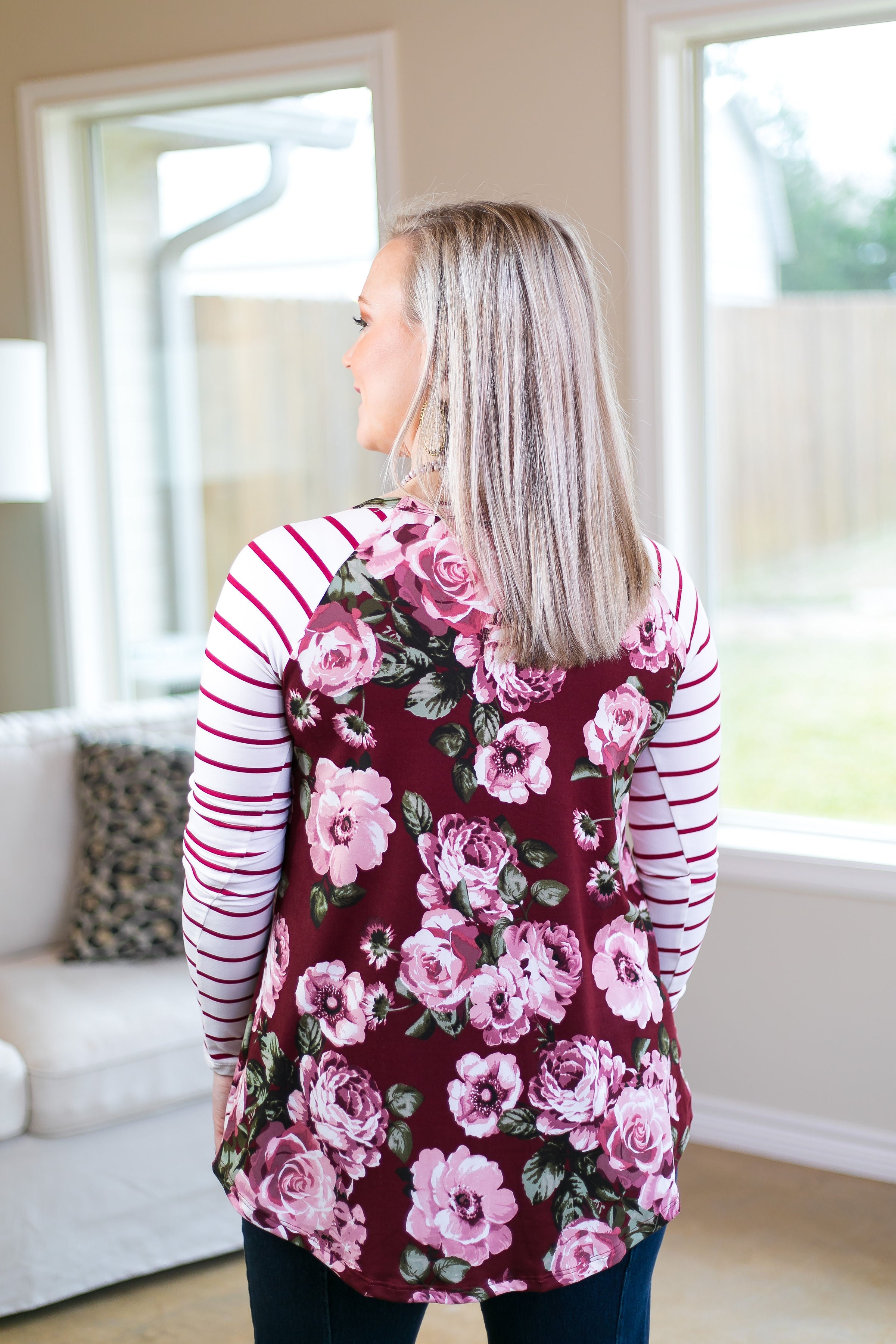 Last Chance Size S & M | Simple Favor Stripe and Floral Tunic Top in Burgundy - Giddy Up Glamour Boutique