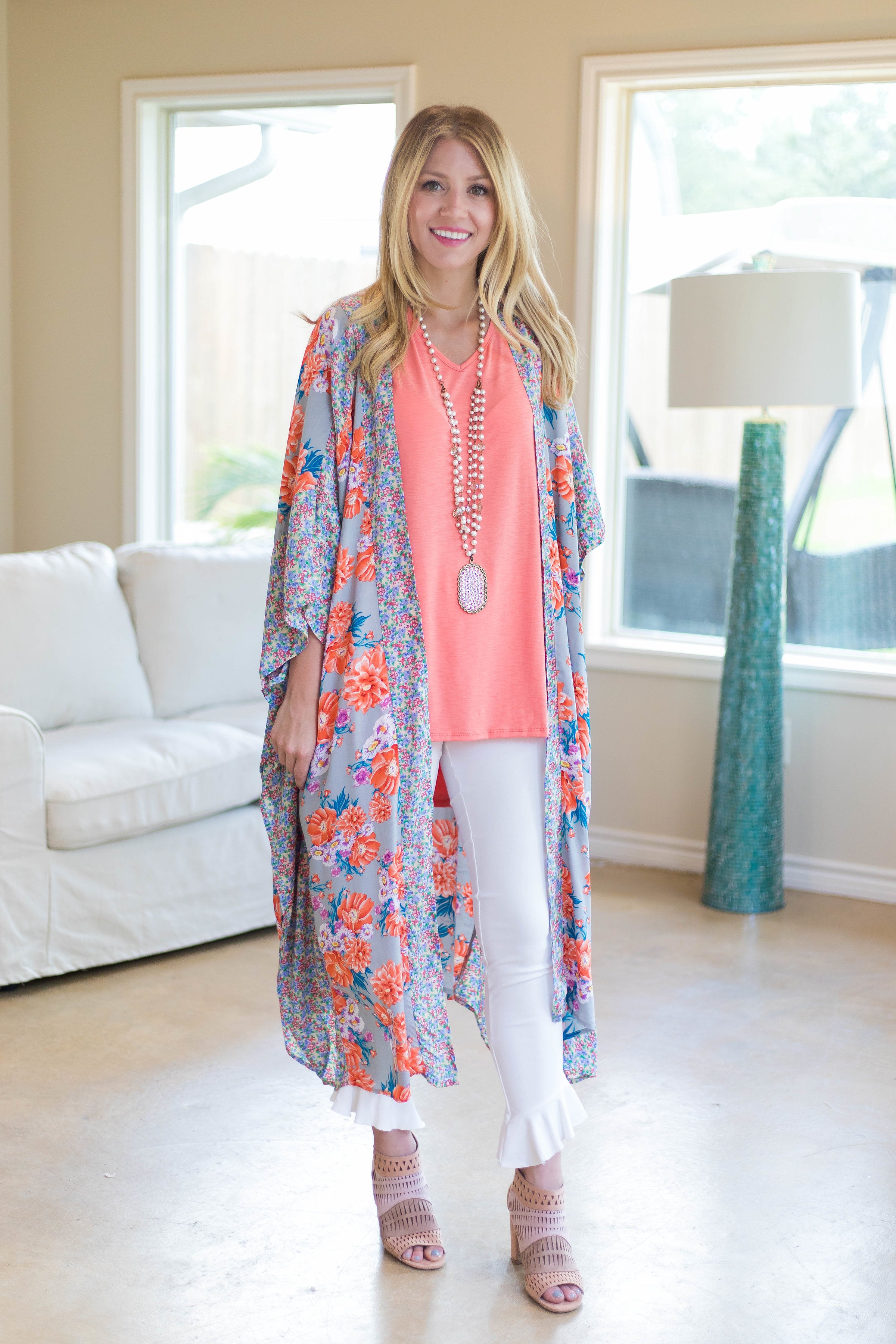 Last Chance Size S/M | See It All Floral Printed Duster in Grey with Orange Accents - Giddy Up Glamour Boutique