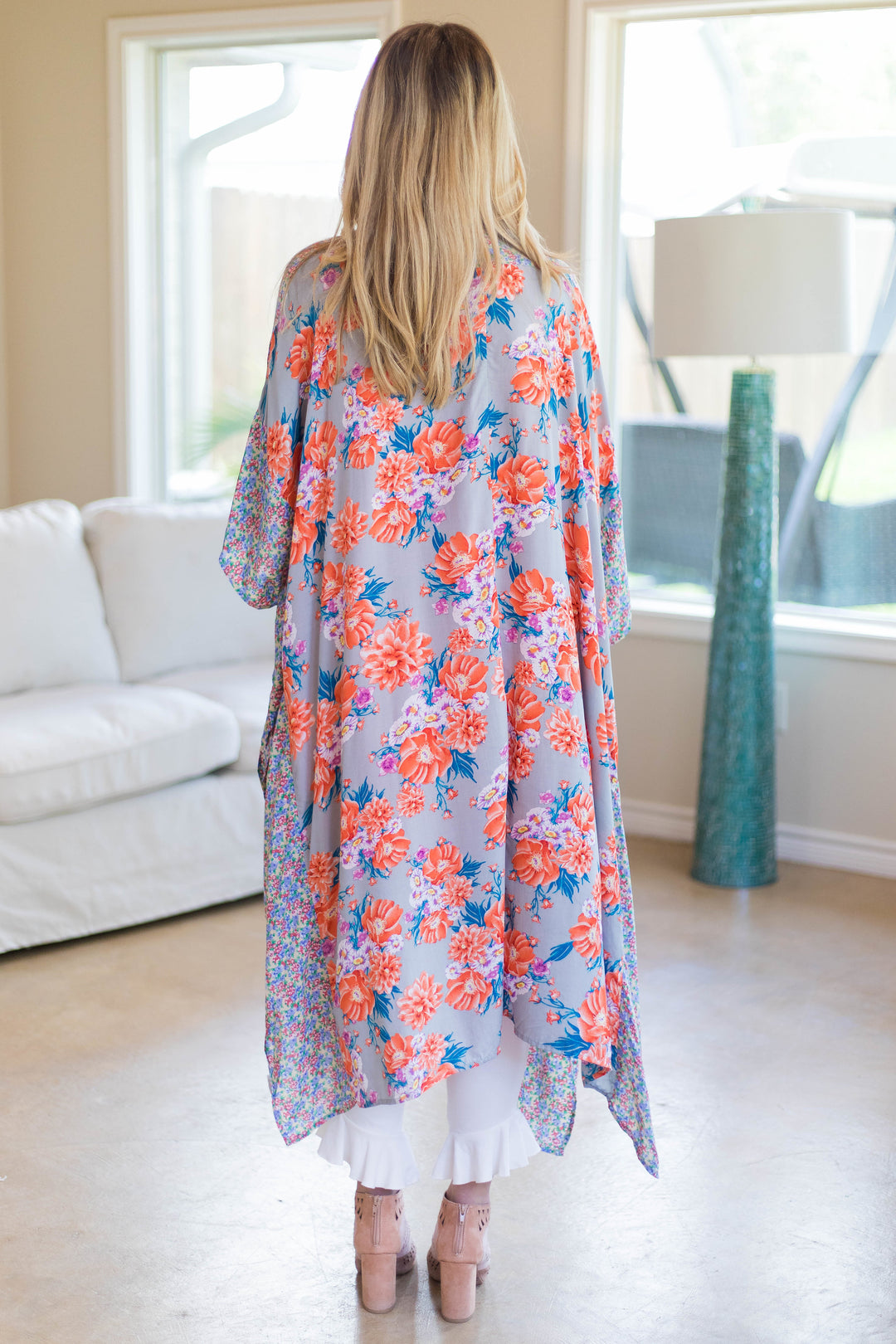 Last Chance Size S/M | See It All Floral Printed Duster in Grey with Orange Accents - Giddy Up Glamour Boutique
