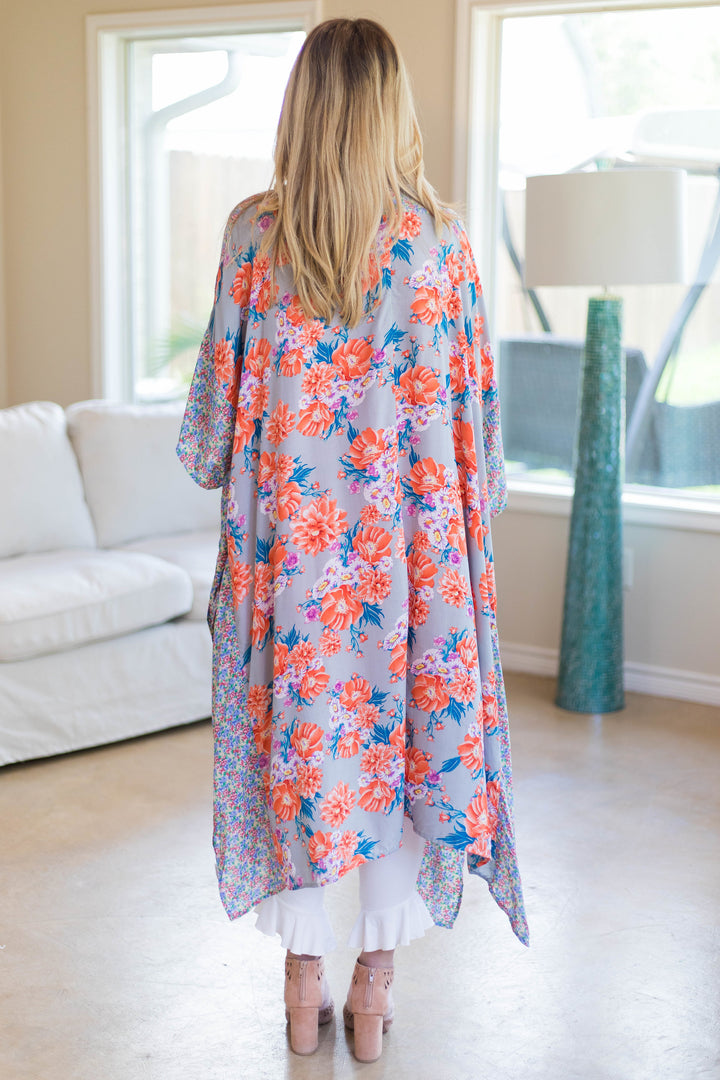 Last Chance Size S/M | See It All Floral Printed Duster in Grey with Orange Accents - Giddy Up Glamour Boutique