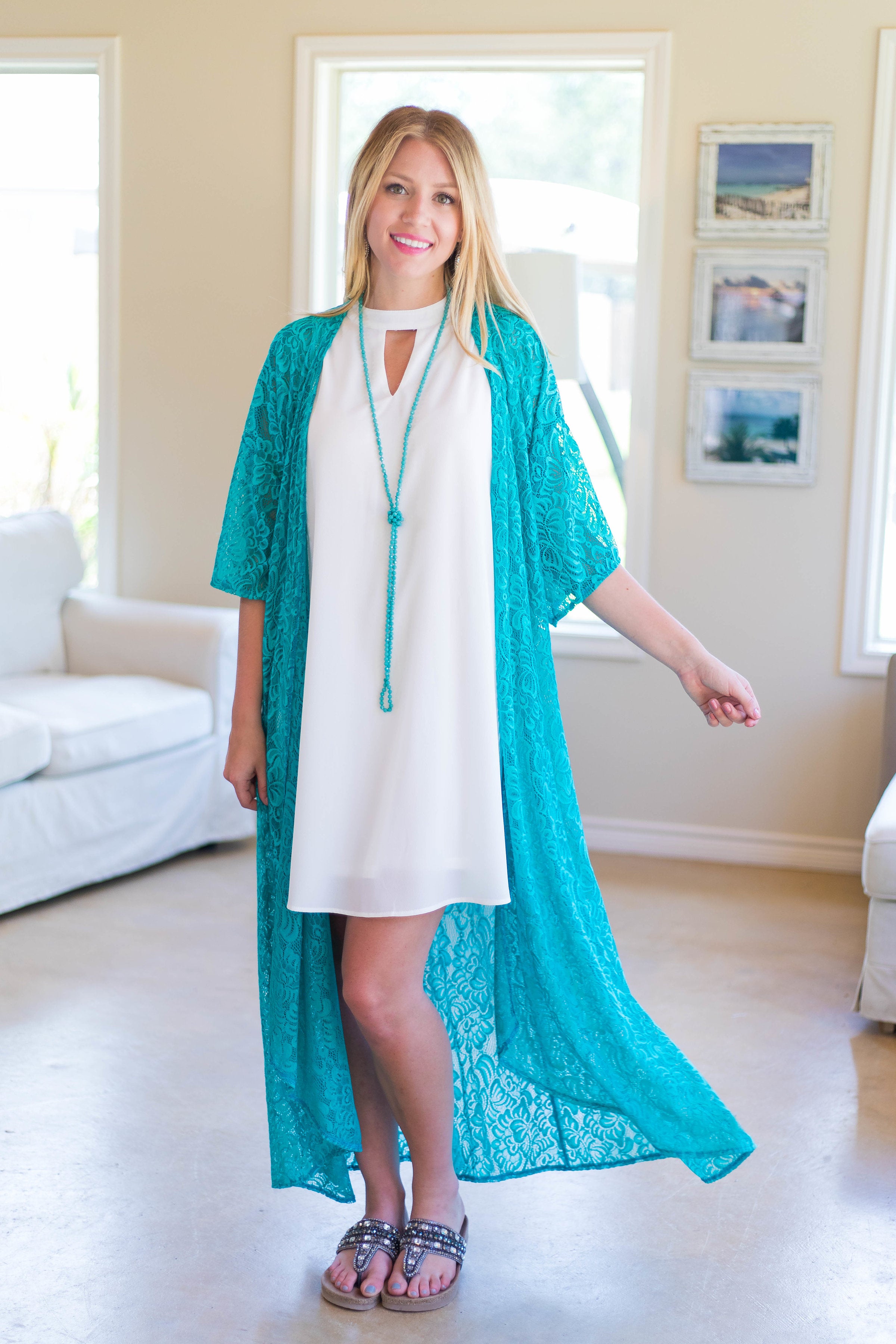 Lace Turquoise Kimonos | Kimono Sheer Lace Turquoise Plus Size Dusters