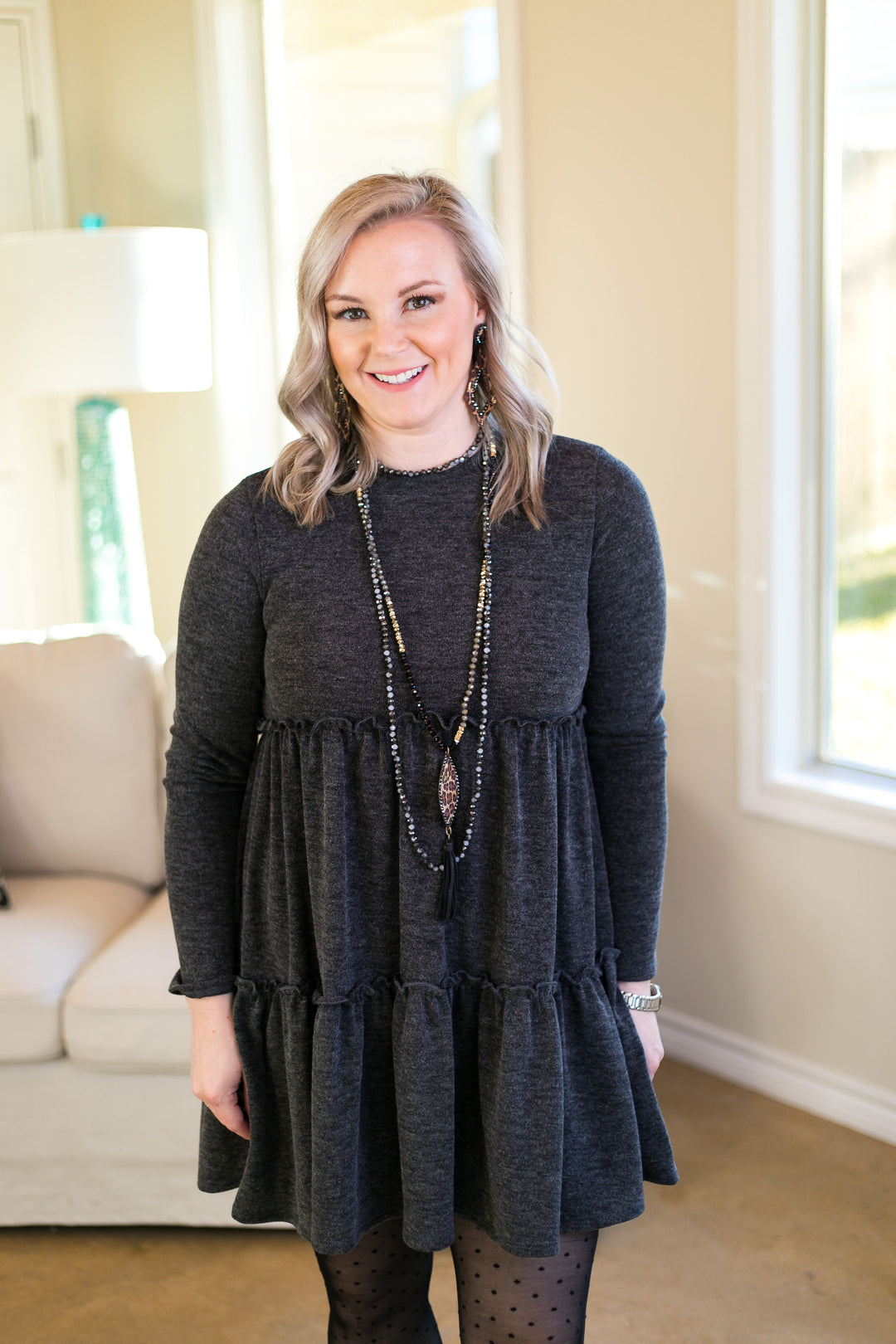 Last Chance Size Small | It's Your Time Long Sleeve Tiered Baby Doll Tunic in Charcoal Grey - Giddy Up Glamour Boutique