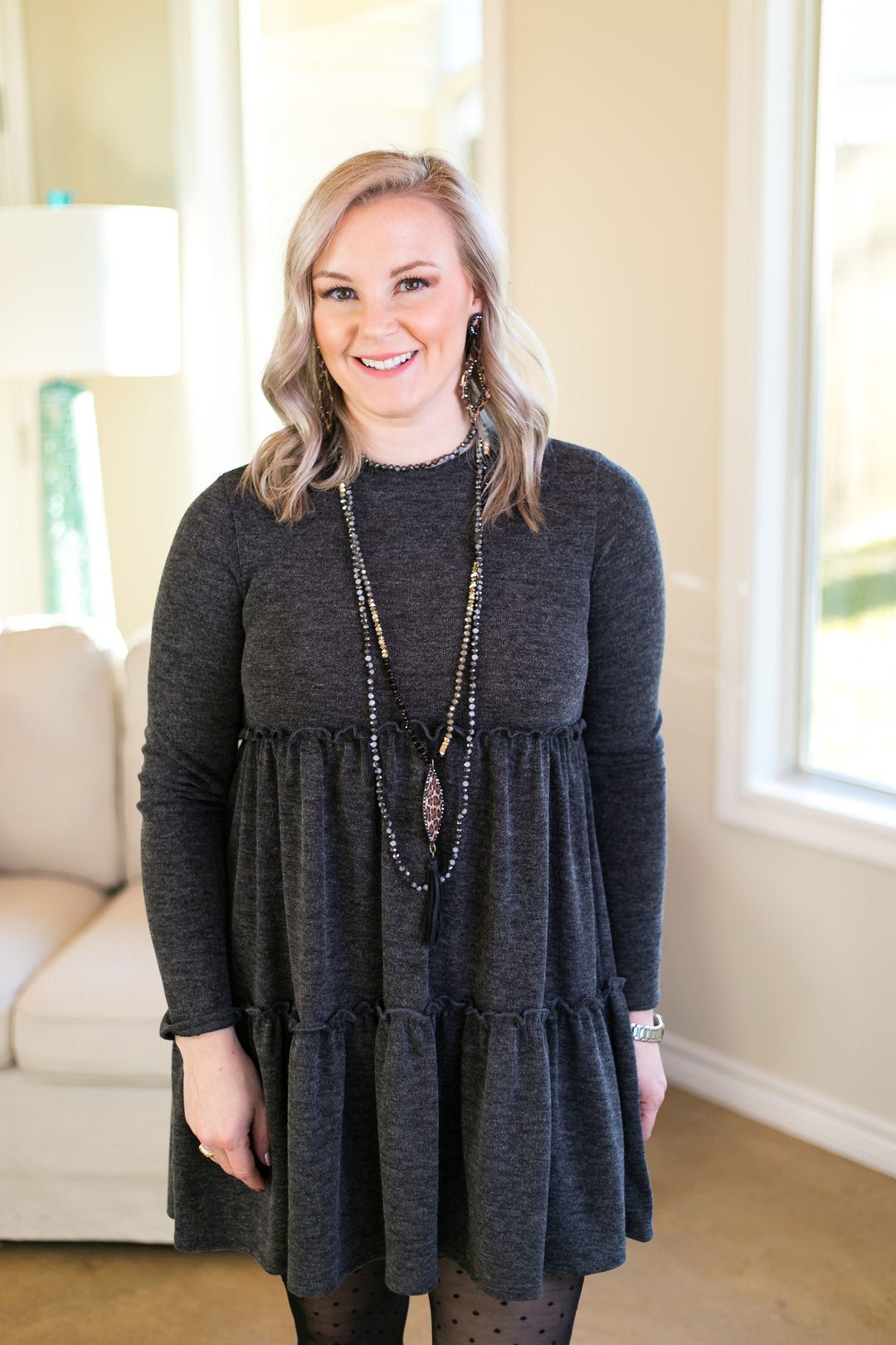 Last Chance Size Small | It's Your Time Long Sleeve Tiered Baby Doll Tunic in Charcoal Grey - Giddy Up Glamour Boutique