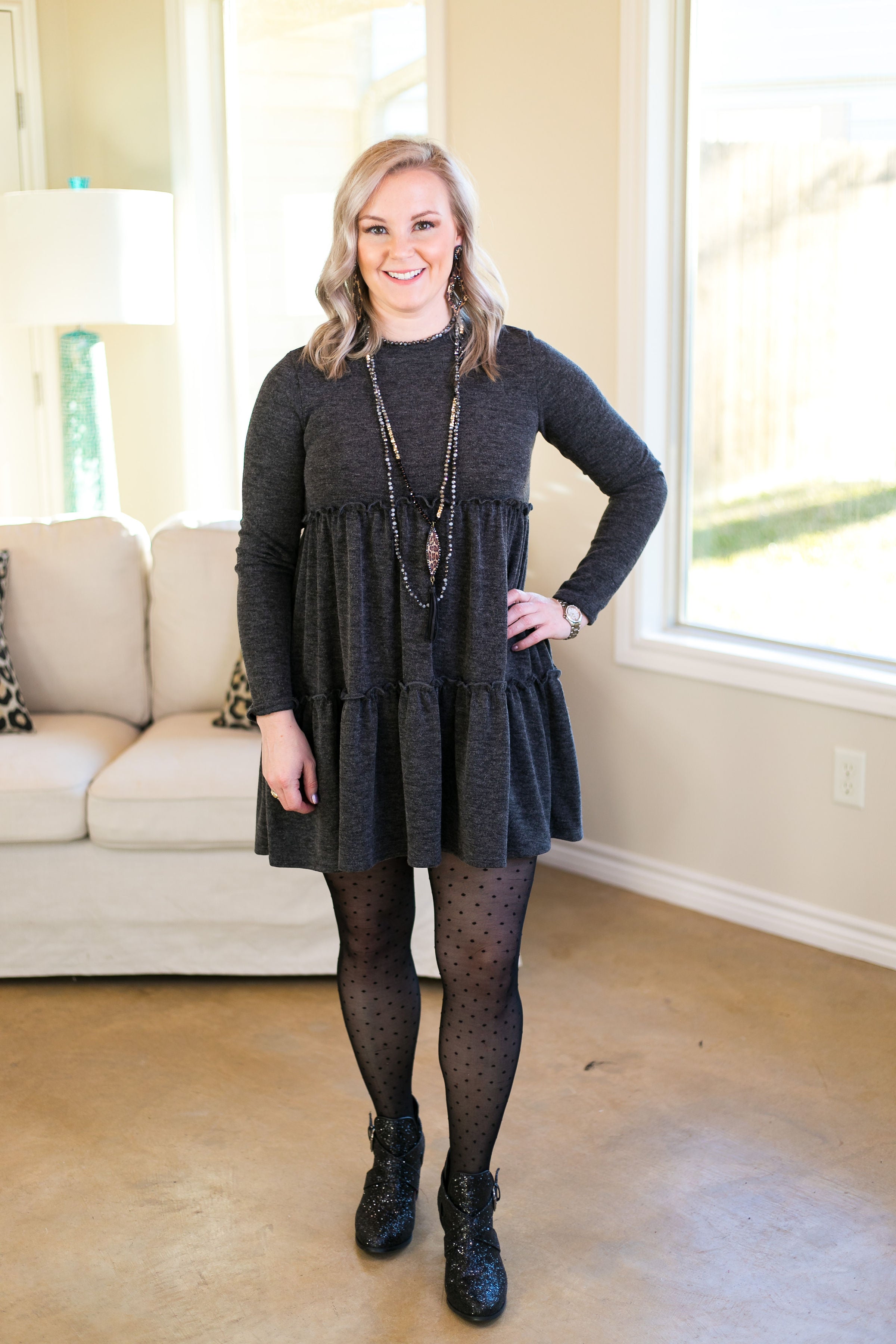 Last Chance Size Small | It's Your Time Long Sleeve Tiered Baby Doll Tunic in Charcoal Grey - Giddy Up Glamour Boutique