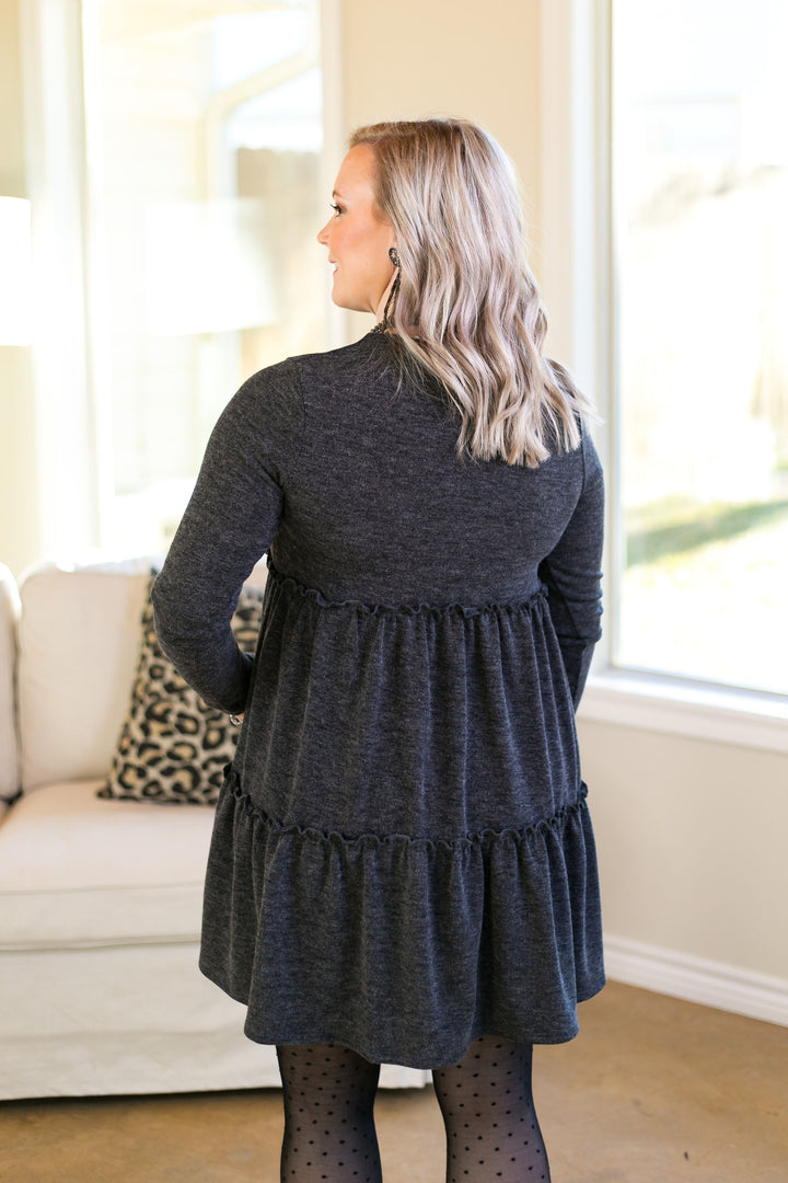Last Chance Size Small | It's Your Time Long Sleeve Tiered Baby Doll Tunic in Charcoal Grey - Giddy Up Glamour Boutique