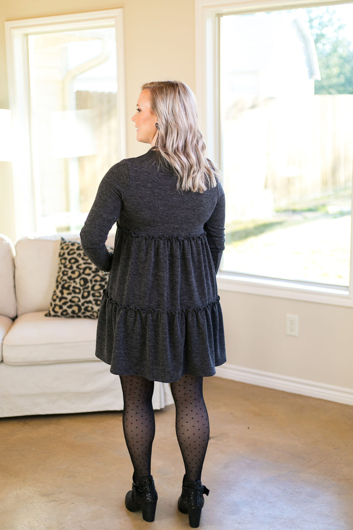 Last Chance Size Small | It's Your Time Long Sleeve Tiered Baby Doll Tunic in Charcoal Grey - Giddy Up Glamour Boutique