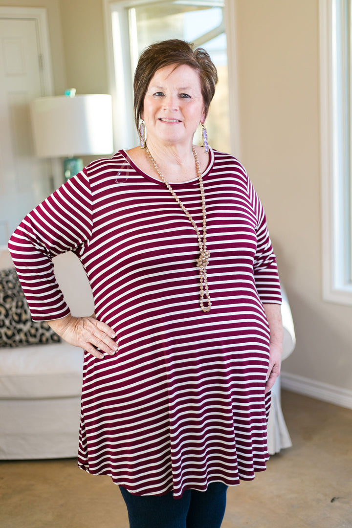 Last Chance Size Small | Earn Your Stripes 3/4 Sleeve Stripe Dress in Maroon - Giddy Up Glamour Boutique