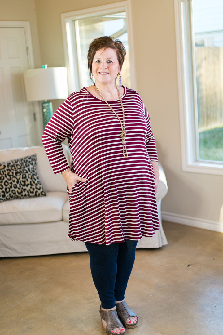 Last Chance Size Small | Earn Your Stripes 3/4 Sleeve Stripe Dress in Maroon - Giddy Up Glamour Boutique
