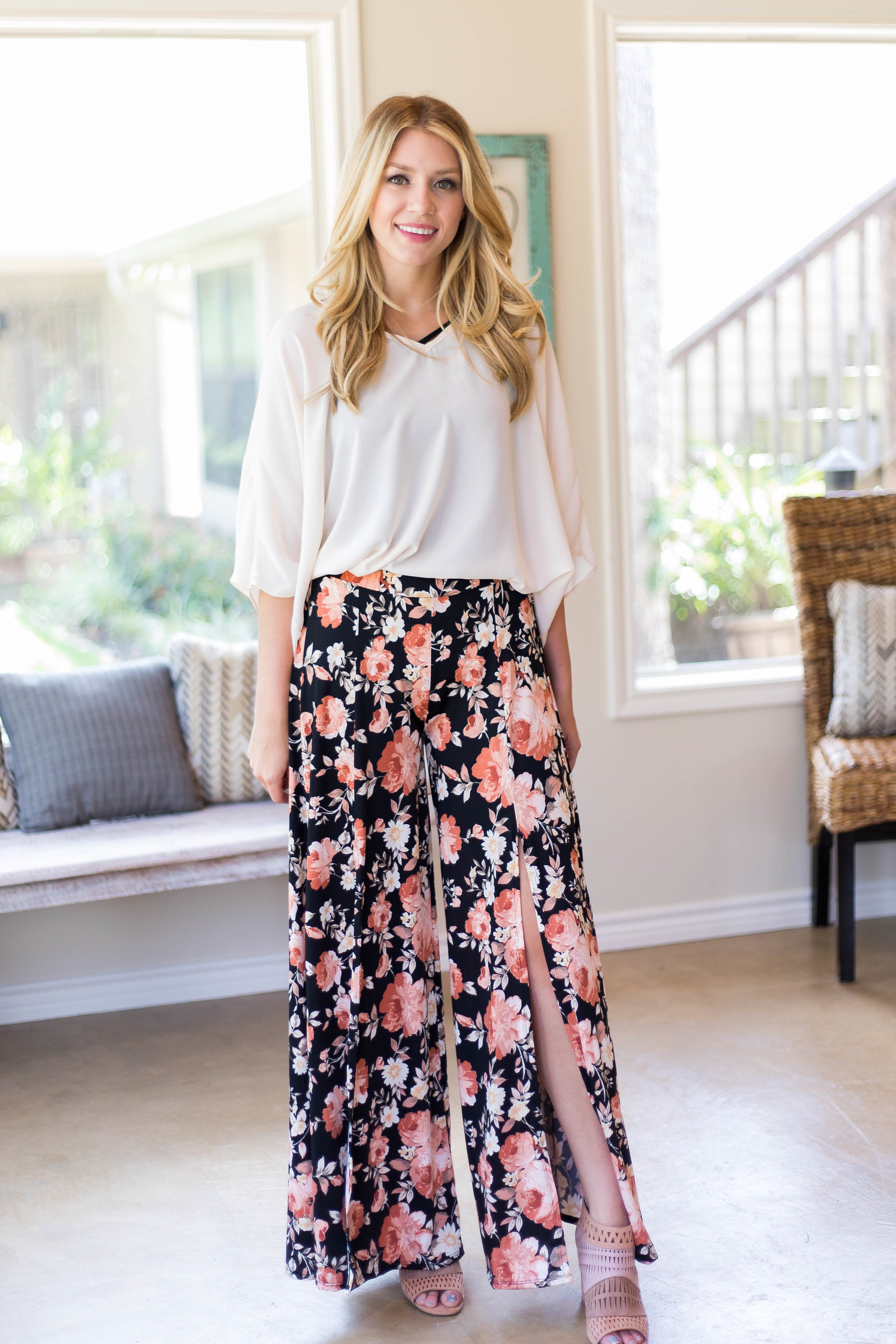 Trips With You Floral Split Pants in Black - Giddy Up Glamour Boutique