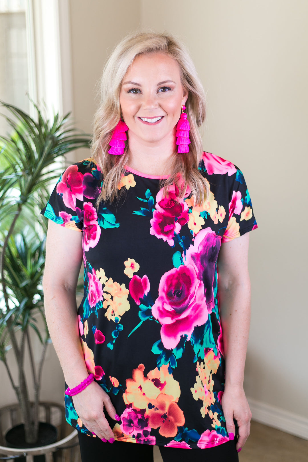 Got Your Back Neon Floral Short Sleeve Top with Leopard Print Open Back - Giddy Up Glamour Boutique