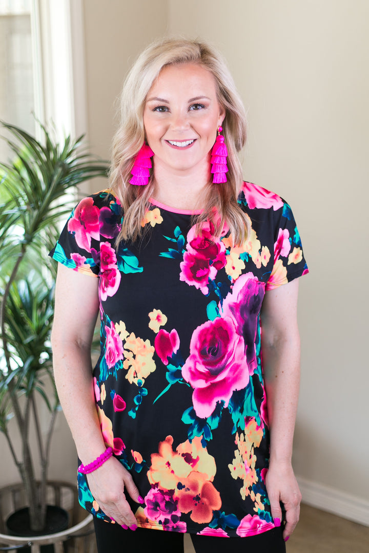 Got Your Back Neon Floral Short Sleeve Top with Leopard Print Open Back - Giddy Up Glamour Boutique