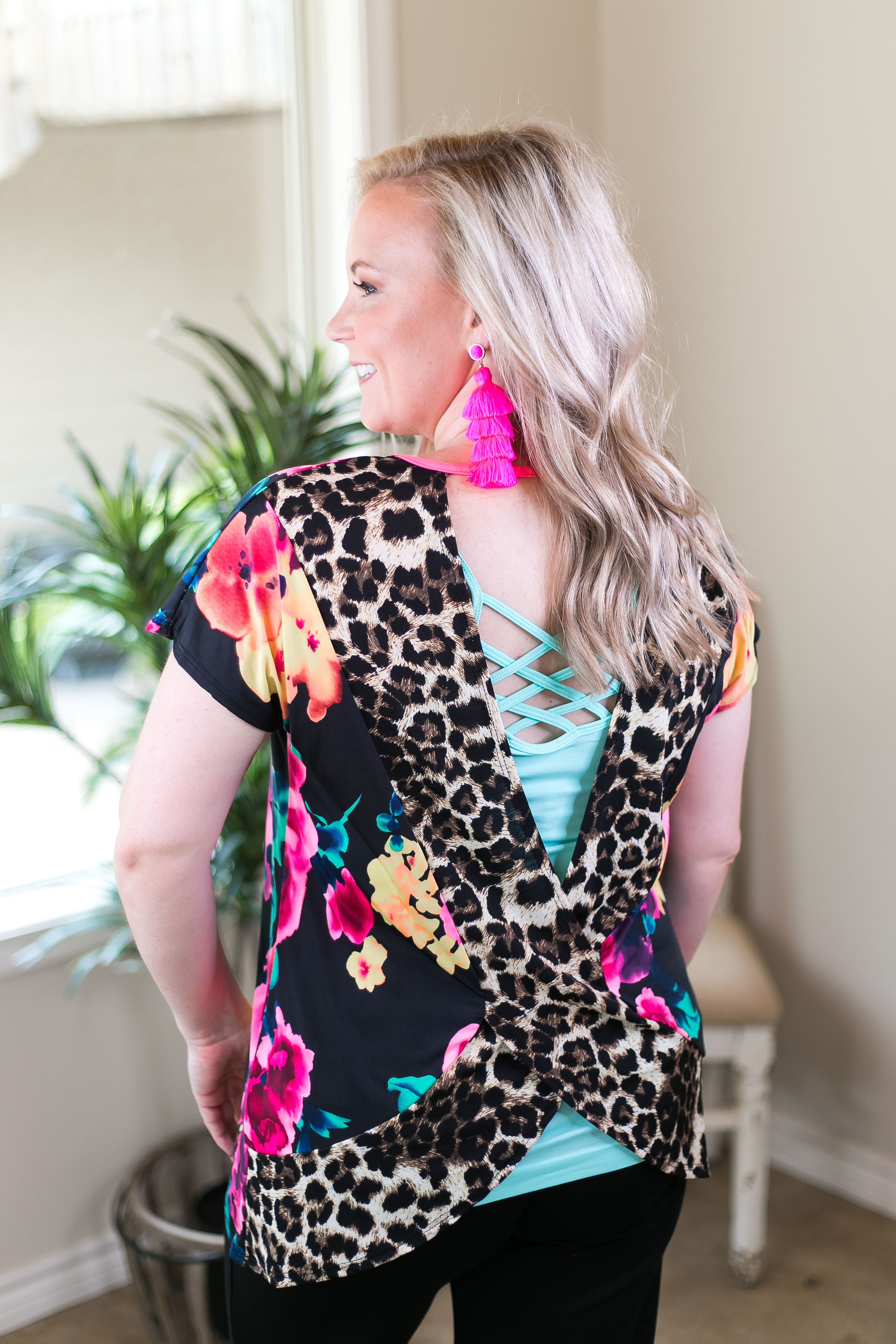 Got Your Back Neon Floral Short Sleeve Top with Leopard Print Open Back - Giddy Up Glamour Boutique